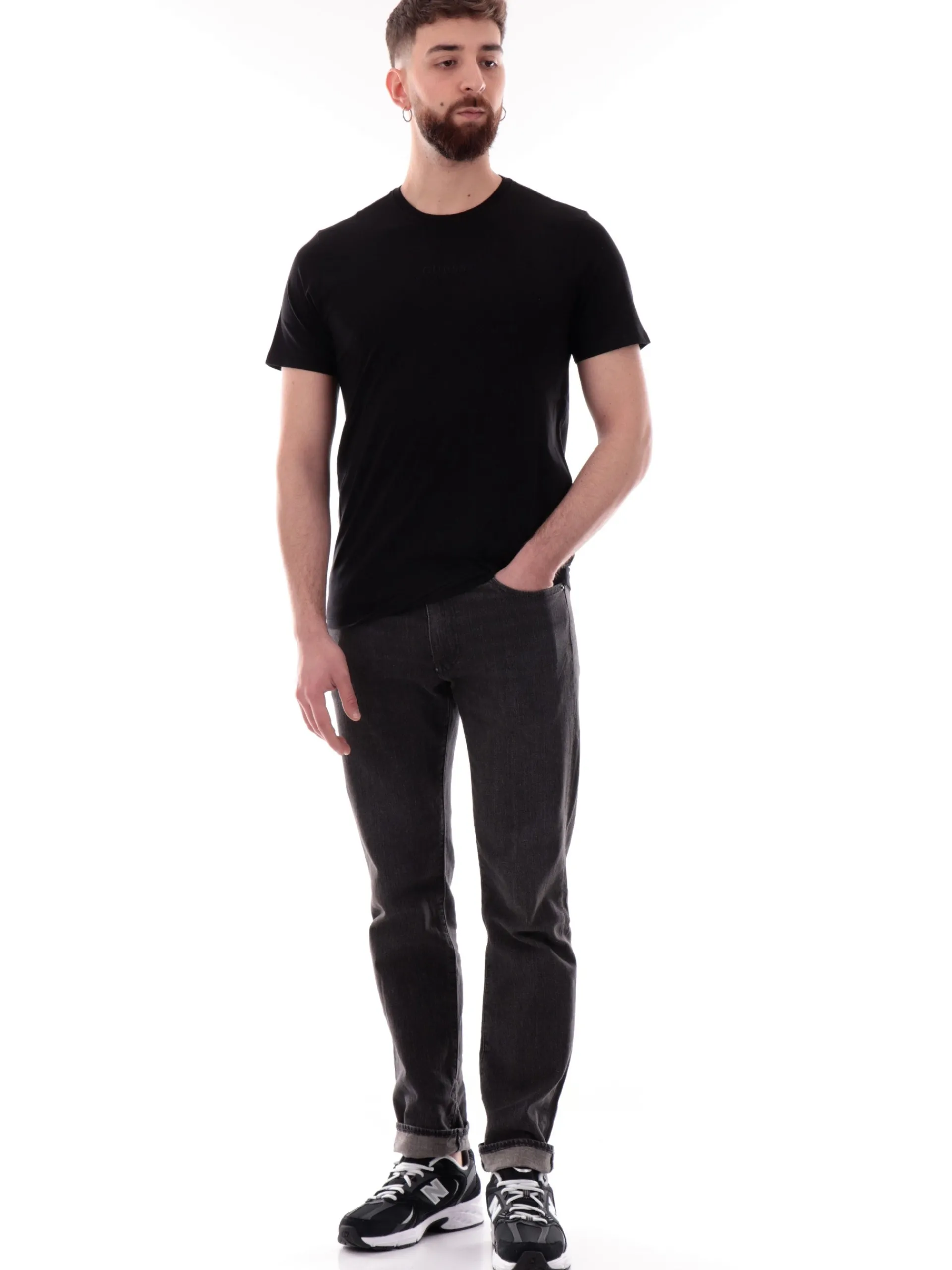 GUESS T-Shirt*Maglia nera da uomo logo ricamato M4GP39K7HD0