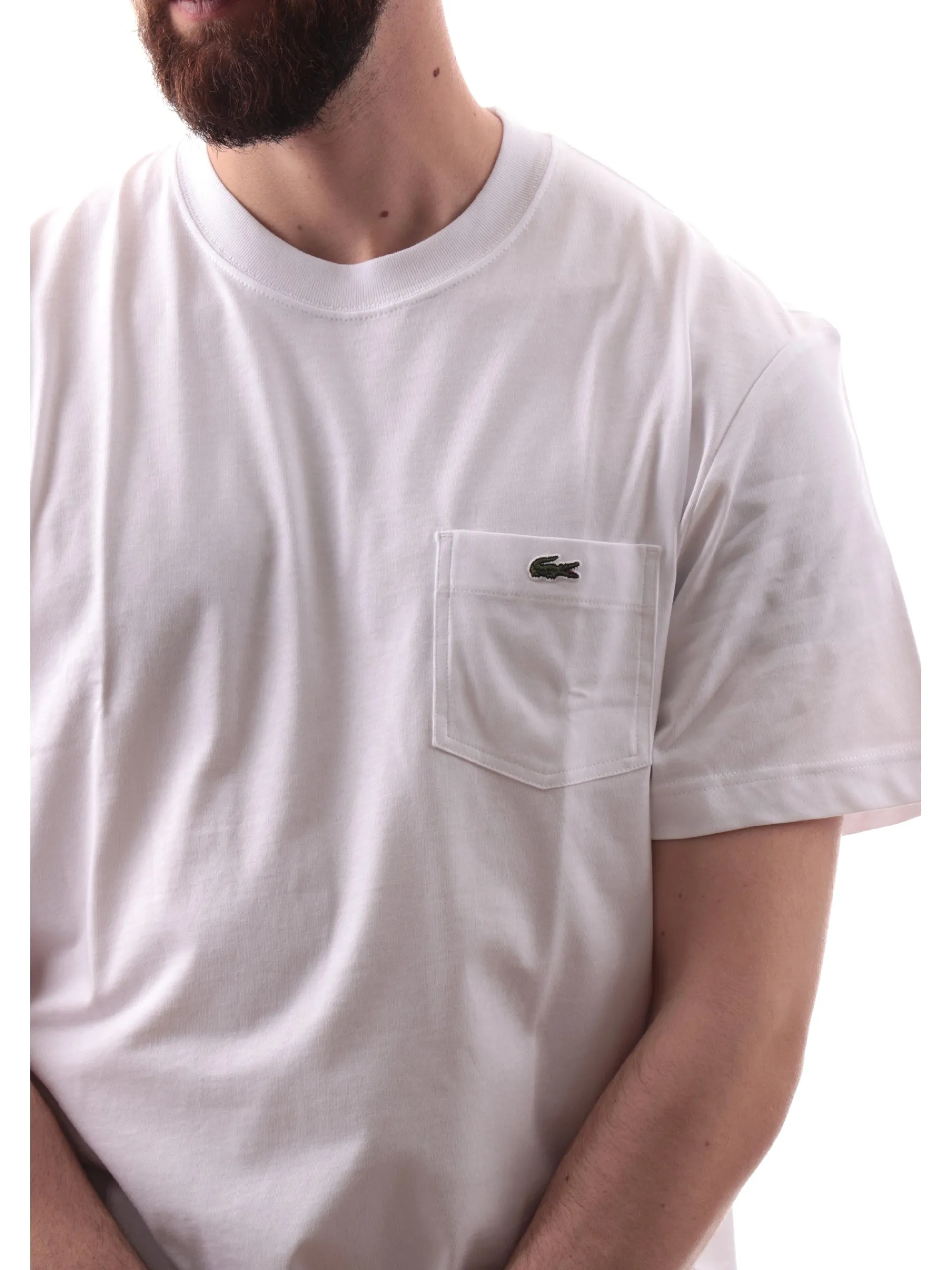 LACOSTE T-Shirt*Maglia bianca girocollo da uomo con taschino e coccodrillo TH2827