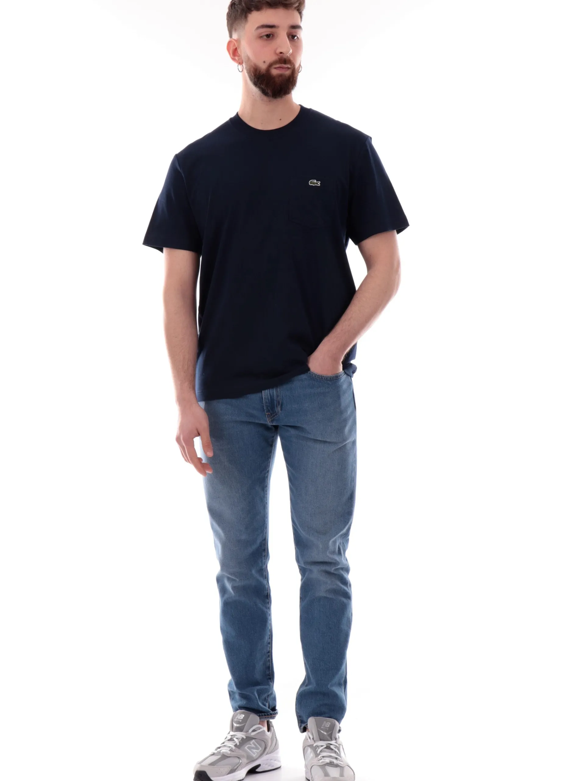 LACOSTE T-Shirt*Maglia blu girocollo da uomo con taschino e coccodrillo TH2827