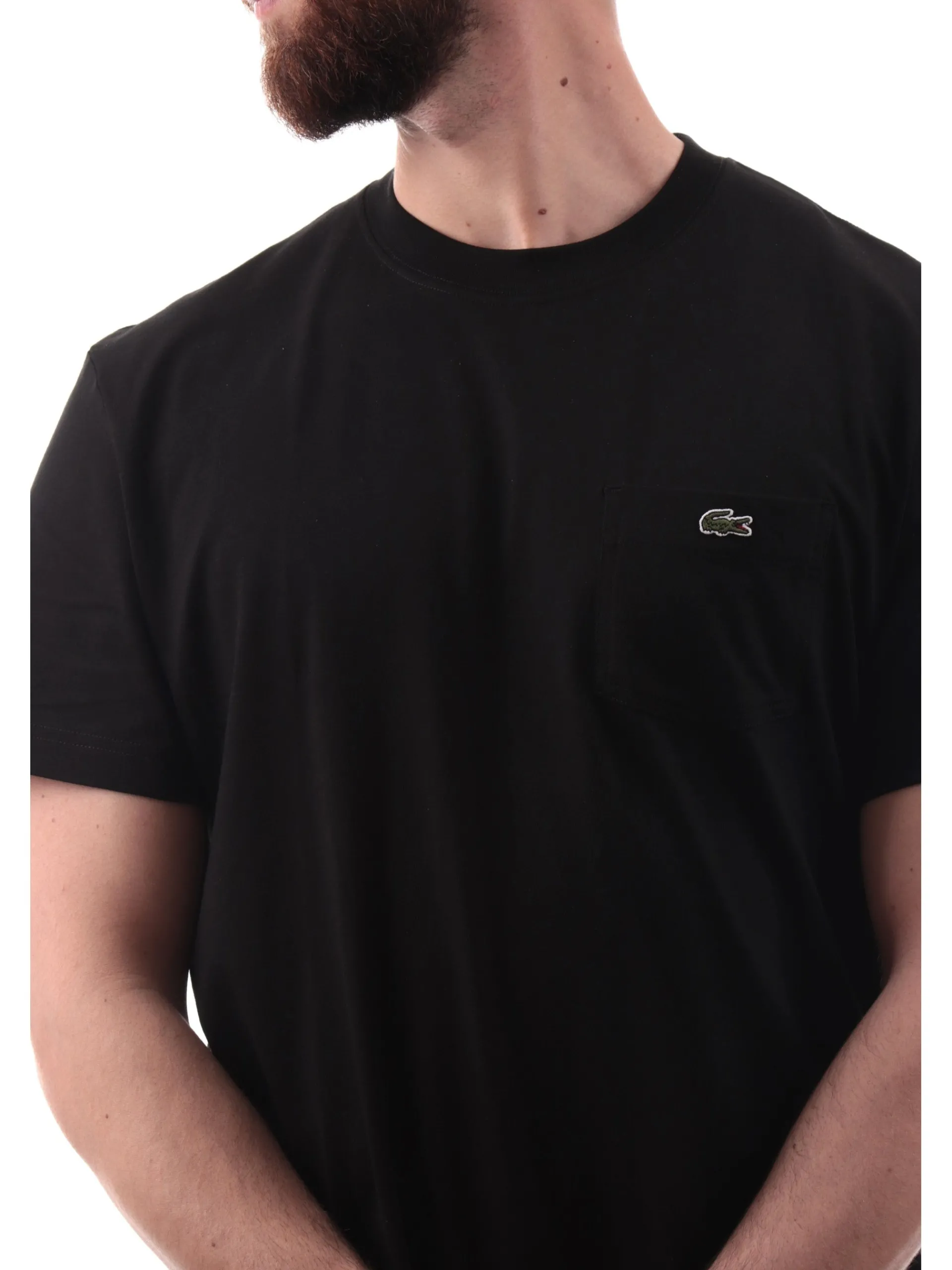 LACOSTE T-Shirt*Maglia nera girocollo da uomo con taschino e coccodrillo TH2827