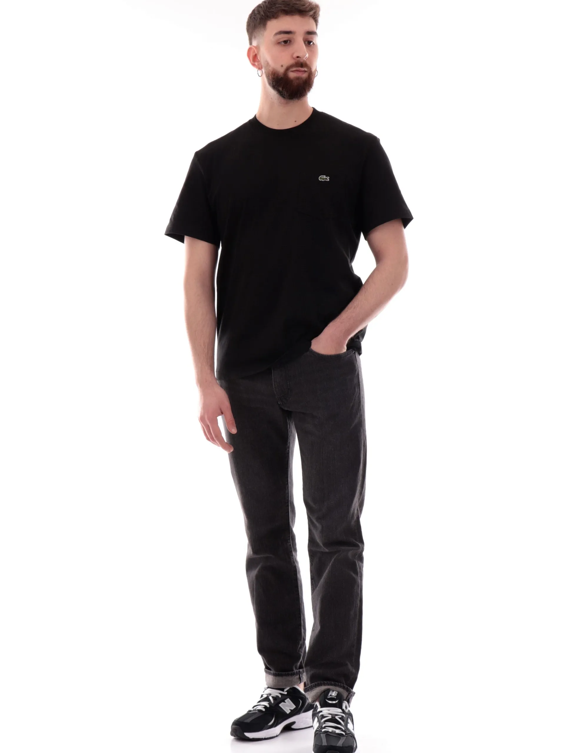 LACOSTE T-Shirt*Maglia nera girocollo da uomo con taschino e coccodrillo TH2827