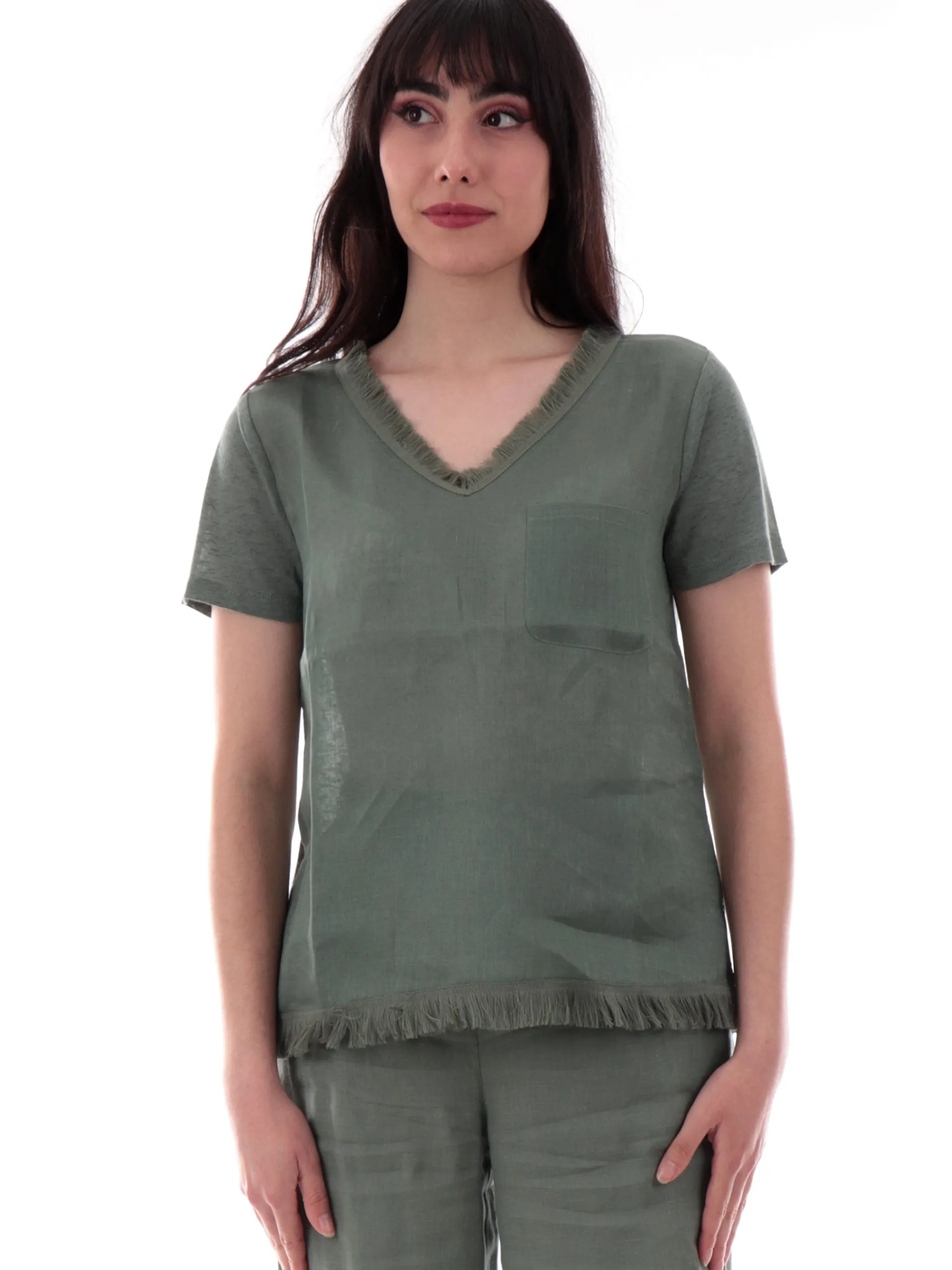 ANIS Maglie*Maglia lino scollo a V verde da donna con inserti sfrangiati 251C1466