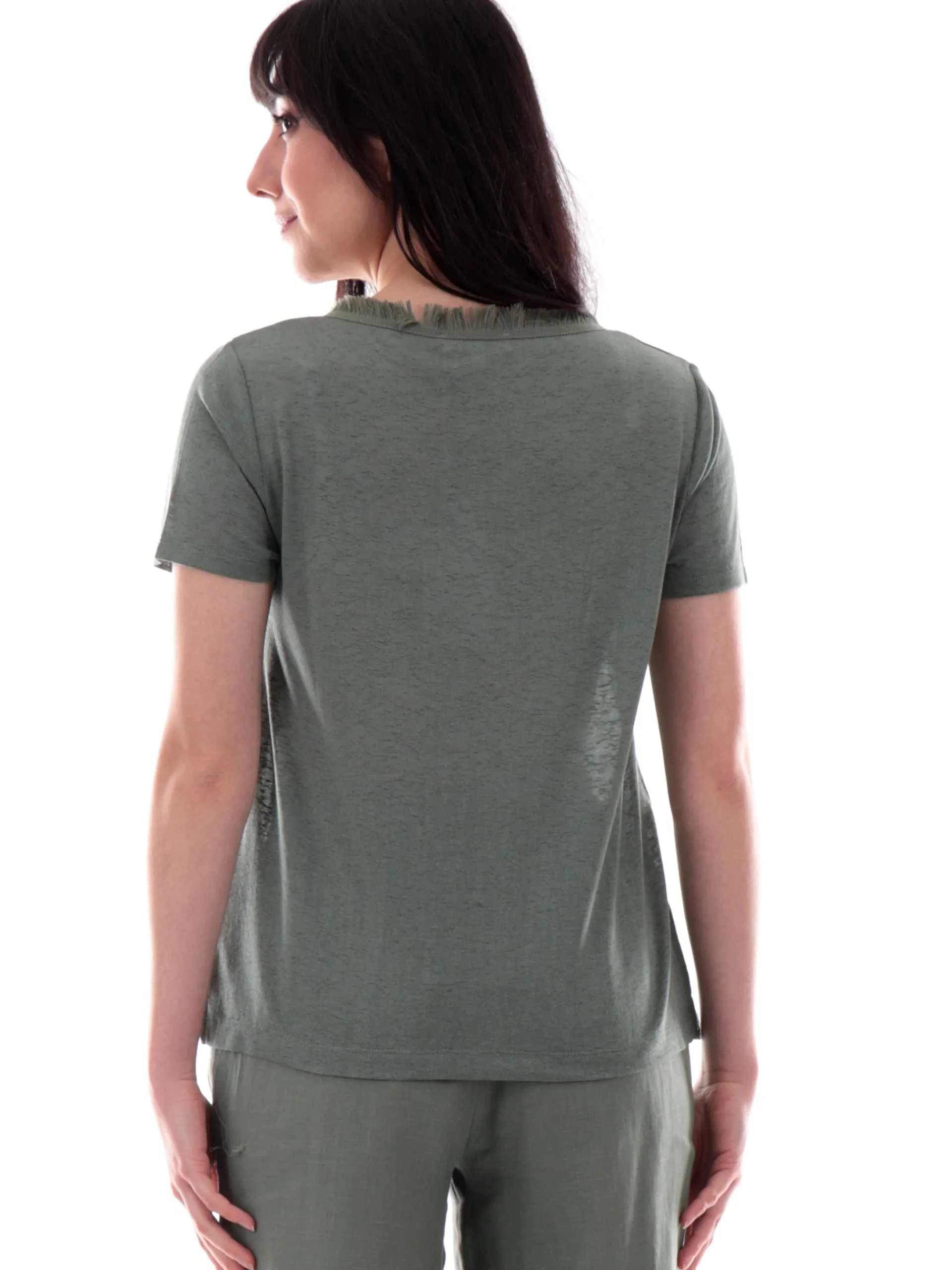 ANIS Maglie*Maglia lino scollo a V verde da donna con inserti sfrangiati 251C1466