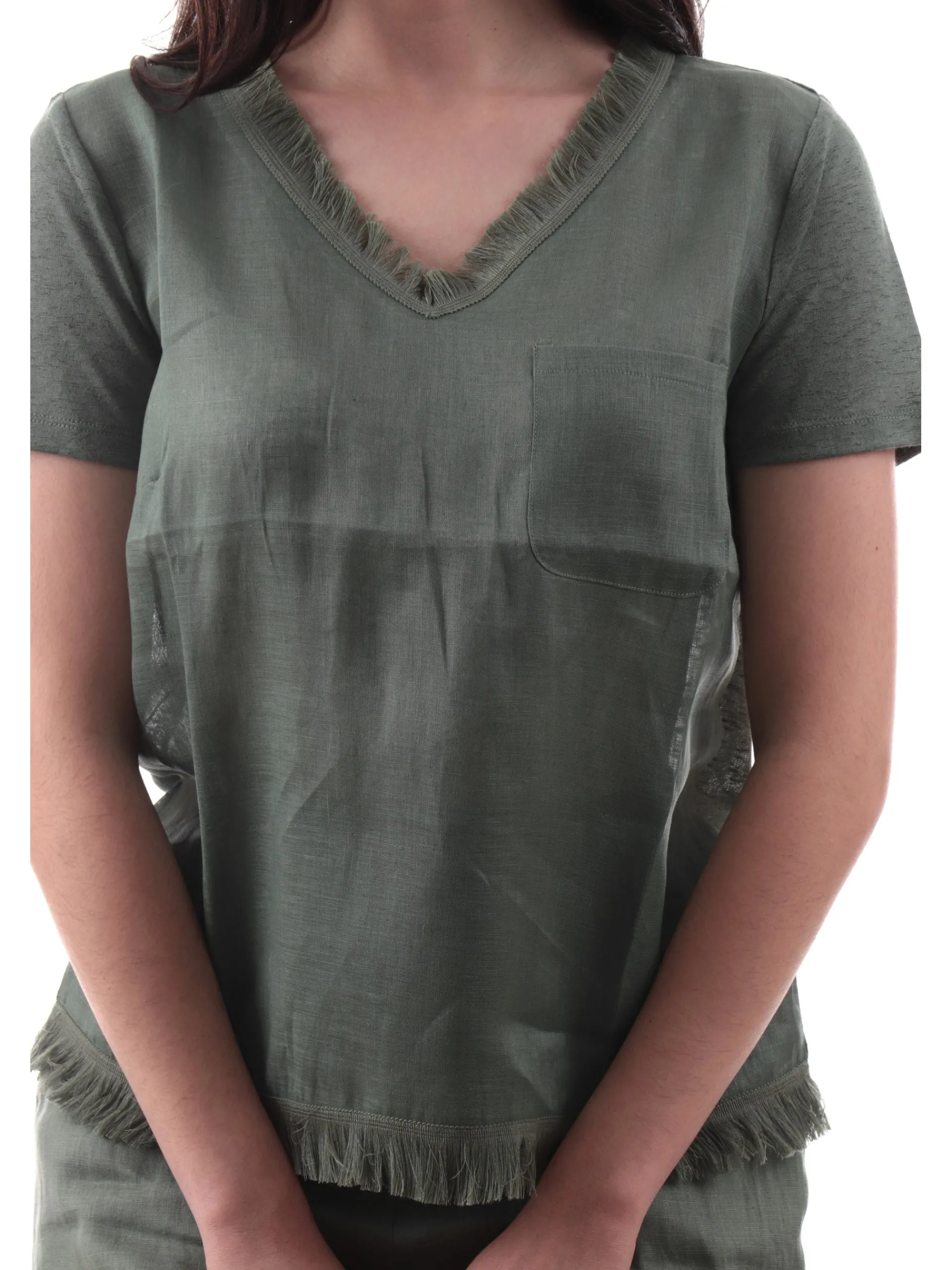 ANIS Maglie*Maglia lino scollo a V verde da donna con inserti sfrangiati 251C1466