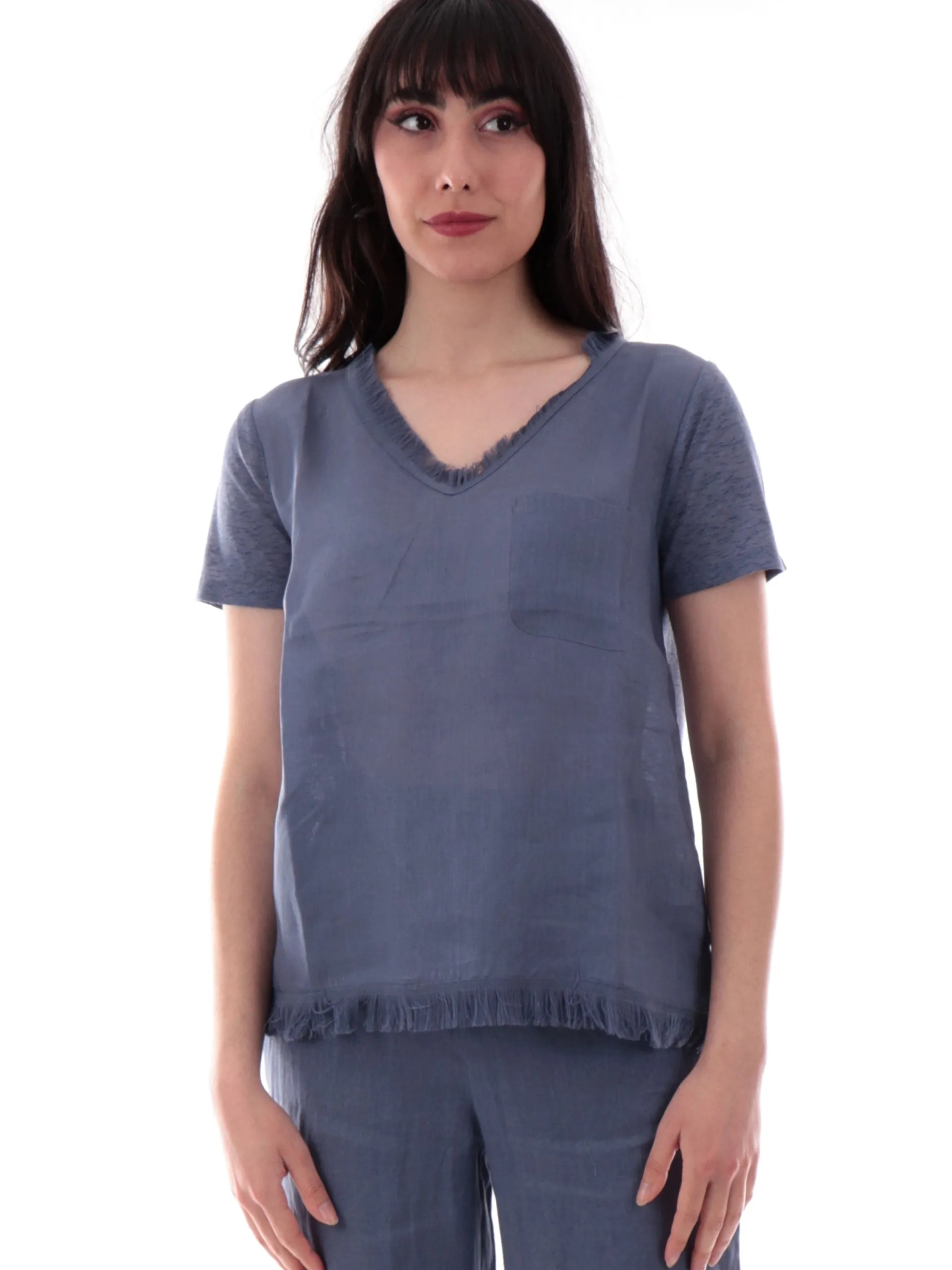 ANIS Maglie*Maglia lino scollo a V blu da donna con inserti sfrangiati 251C1466