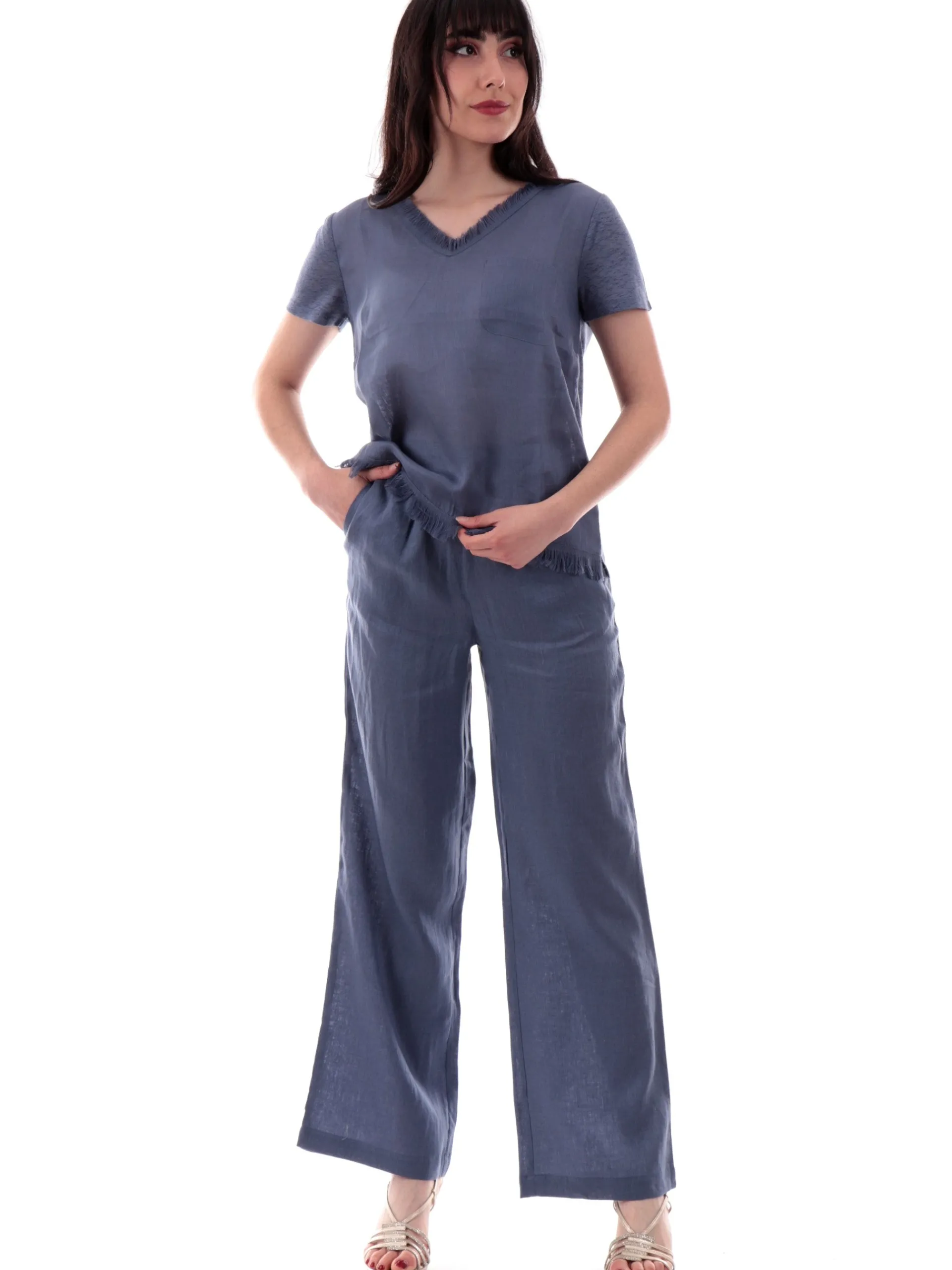 ANIS Maglie*Maglia lino scollo a V blu da donna con inserti sfrangiati 251C1466