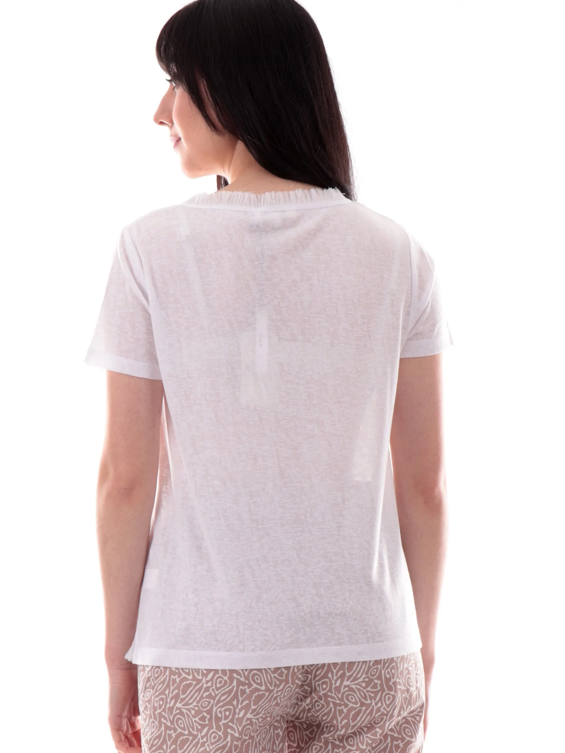 ANIS Maglie*Maglia lino scollo a V bianca da donna con inserti sfrangiati 251C1466
