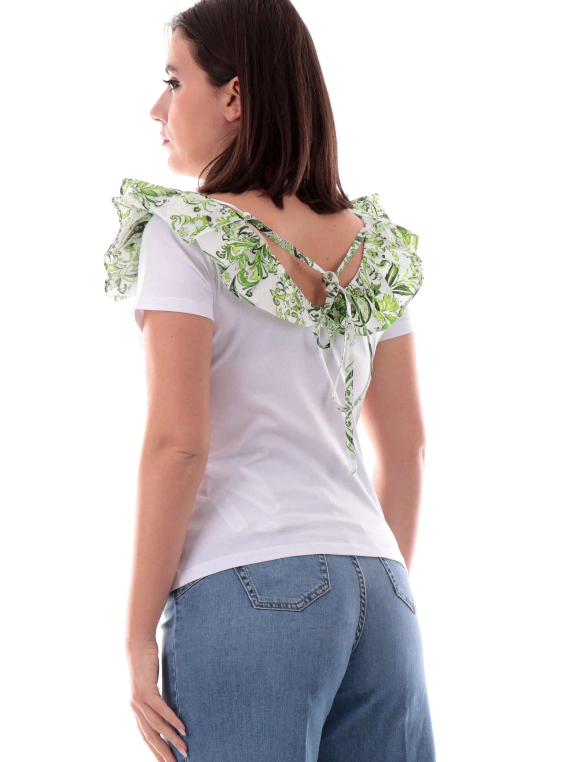 LIU JO MILANO T-Shirt*Maglia Liu Jo bianca da donna con rouches fantasia verde e scollo a V WA5364J6308