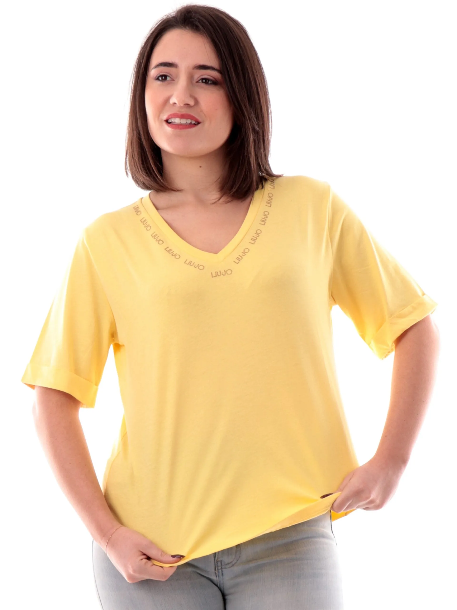 LIU JO SPORT T-Shirt*Maglia Liu Jo donna scollo a v gialla con scritta logo strass TA5175JS923M913