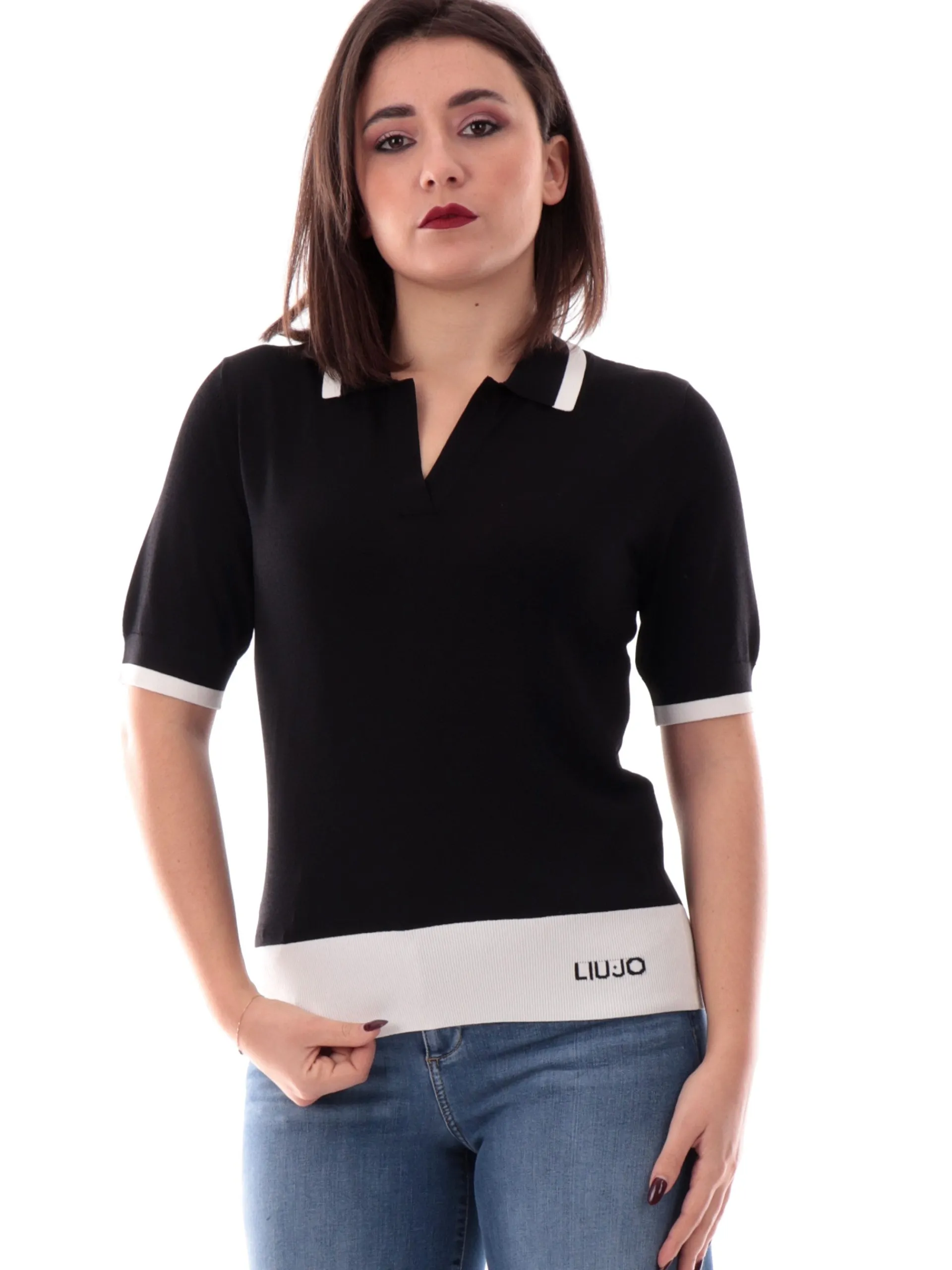 LIU JO SPORT Maglie*Maglia Liu Jo scollo a V nera da donna maniche corte TA5093MS022