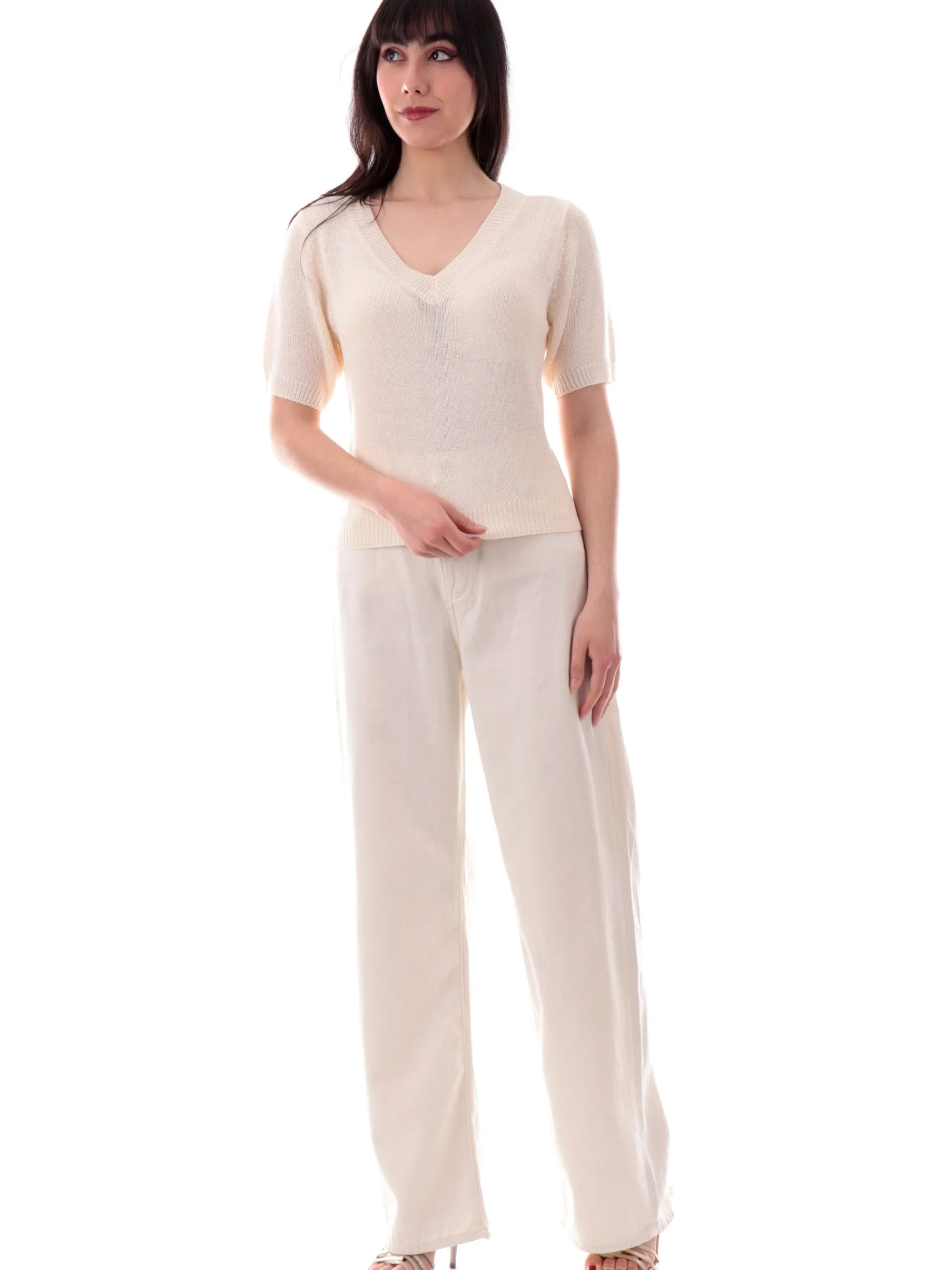 MOLLYBRACKEN Maglie*Maglia Molly Bracken beige oro scollo a V knitted LA1727DP