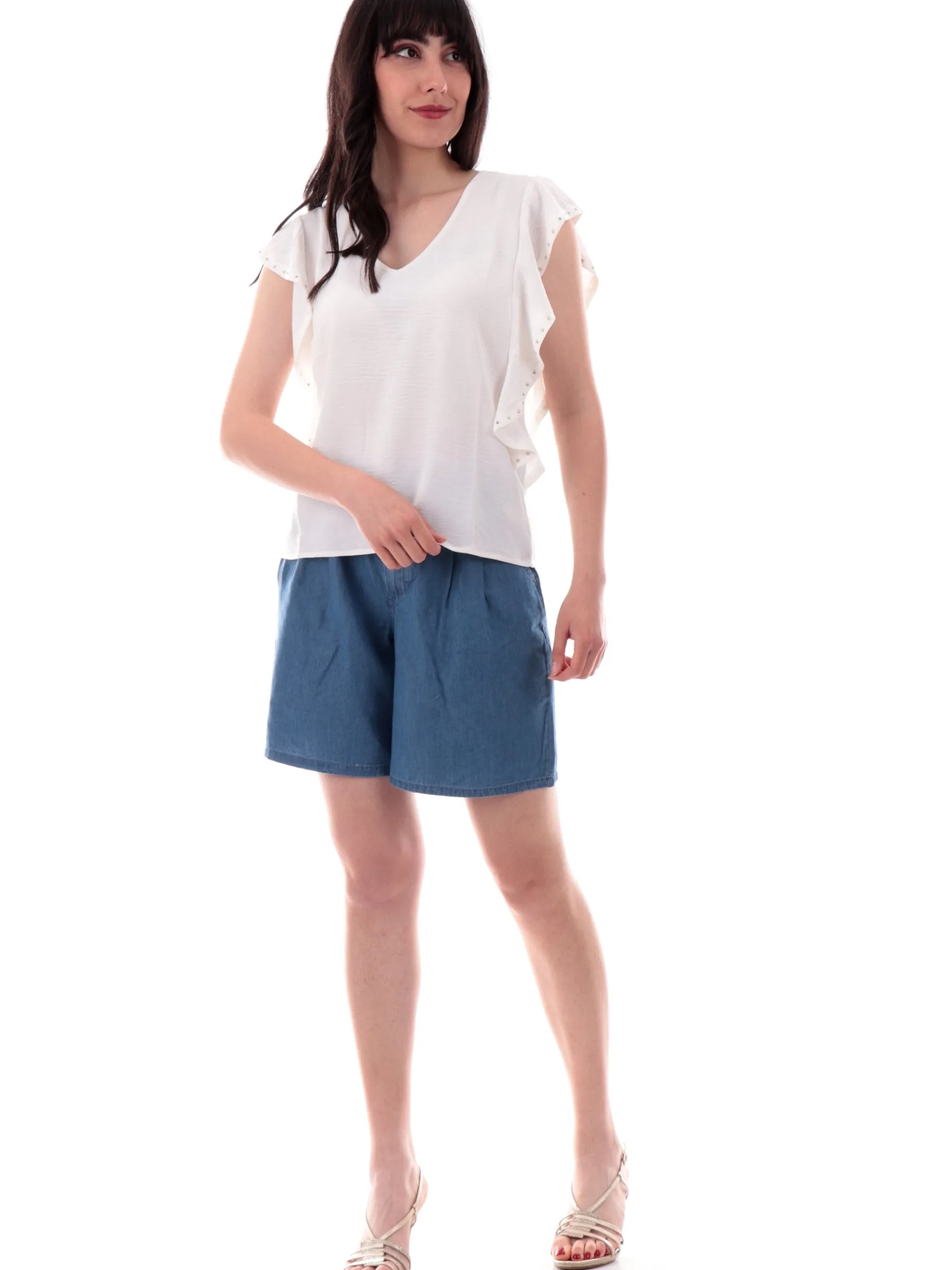 MOLLYBRACKEN Maglie*Maglia Molly Bracken Bianca da donna con scollo a V e maniche a farfalla LAL541DP