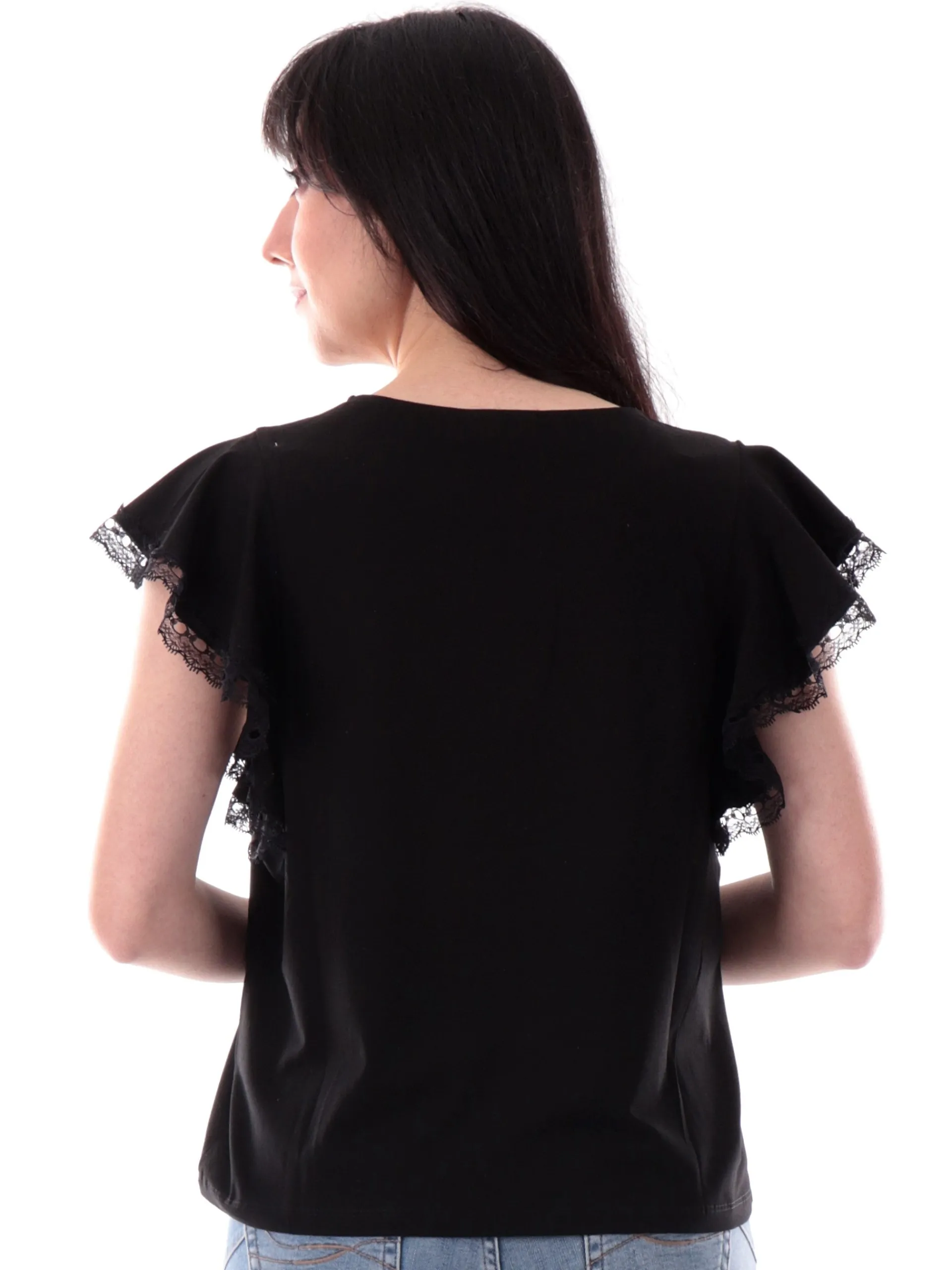 MOLLYBRACKEN T-Shirt*Maglia Molly Bracken nera da donna maniche con balze T2017DP