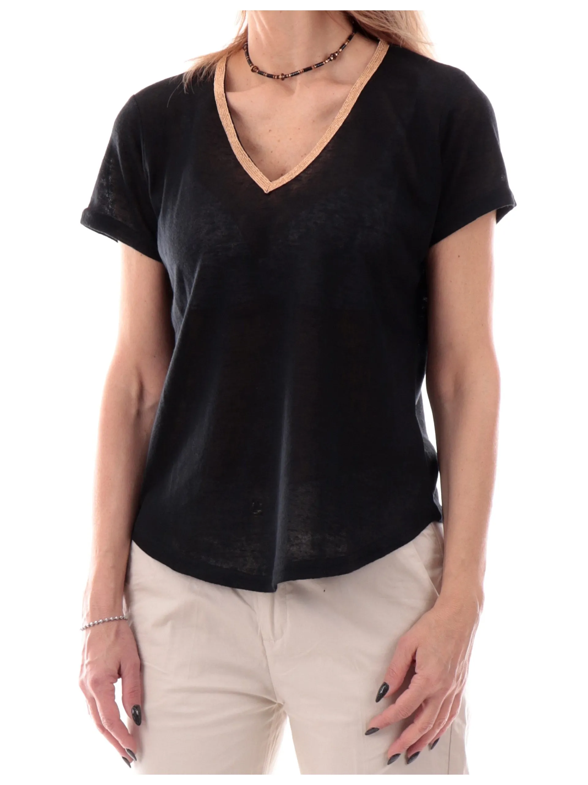 MOLLYBRACKEN T-Shirt*Maglia Molly Bracken nera da donna con scollo a V e profilo oro