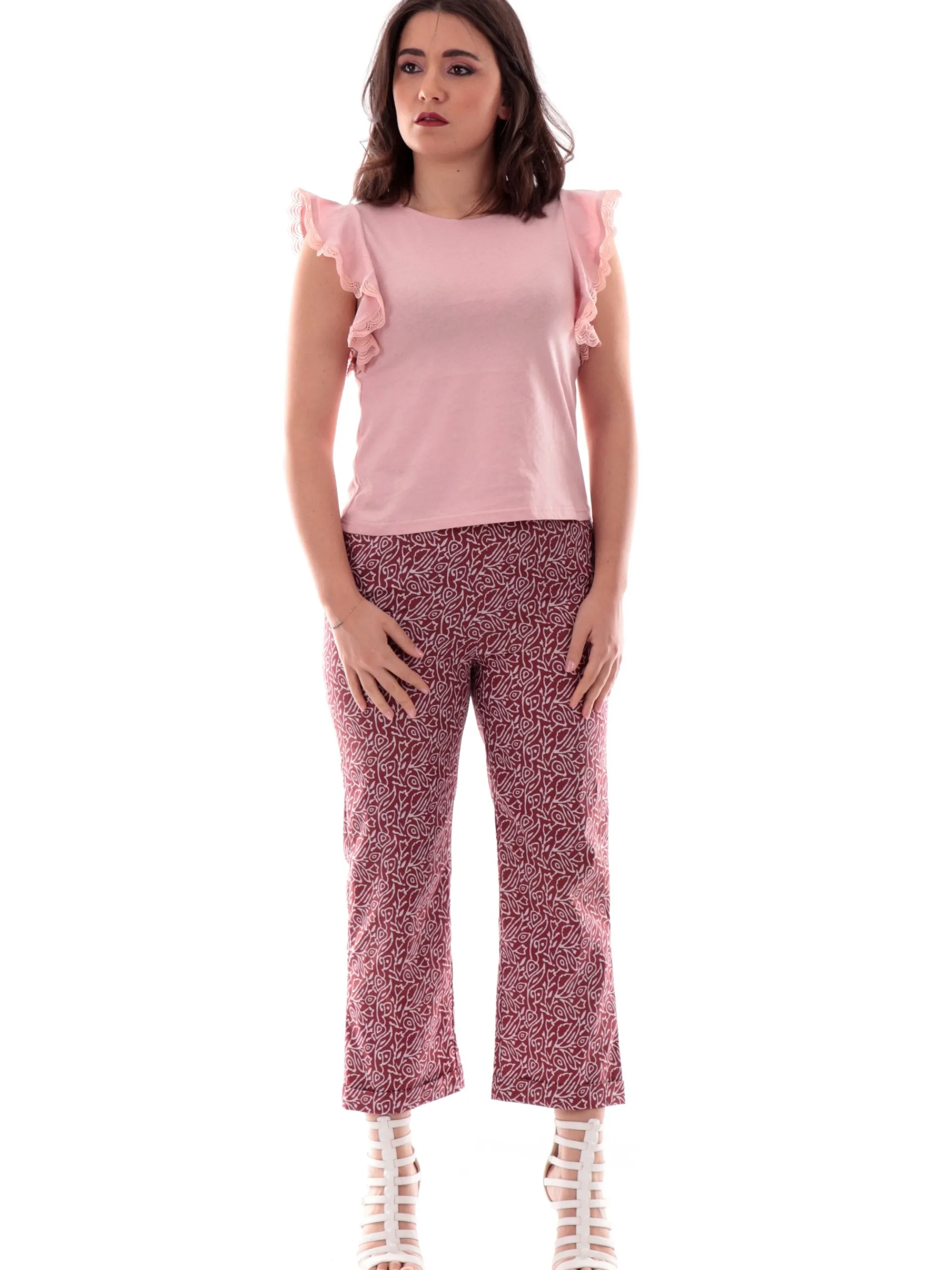 MOLLYBRACKEN T-Shirt*Maglia Molly Bracken rosa da donna maniche con balze T2016DP
