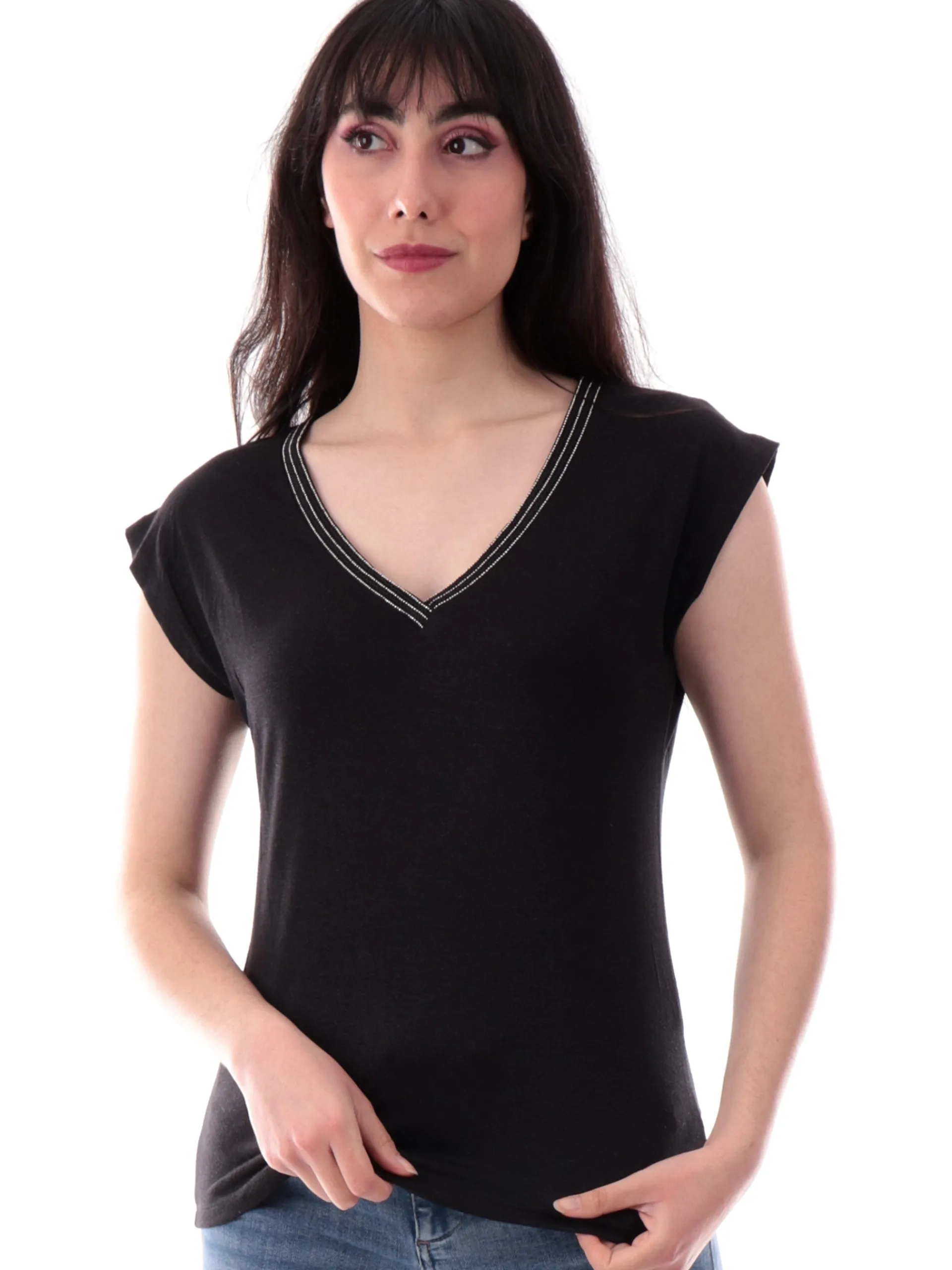 MOLLYBRACKEN T-Shirt*Maglia Molly Bracken scollo a V con strass Nera da donna T2019DP