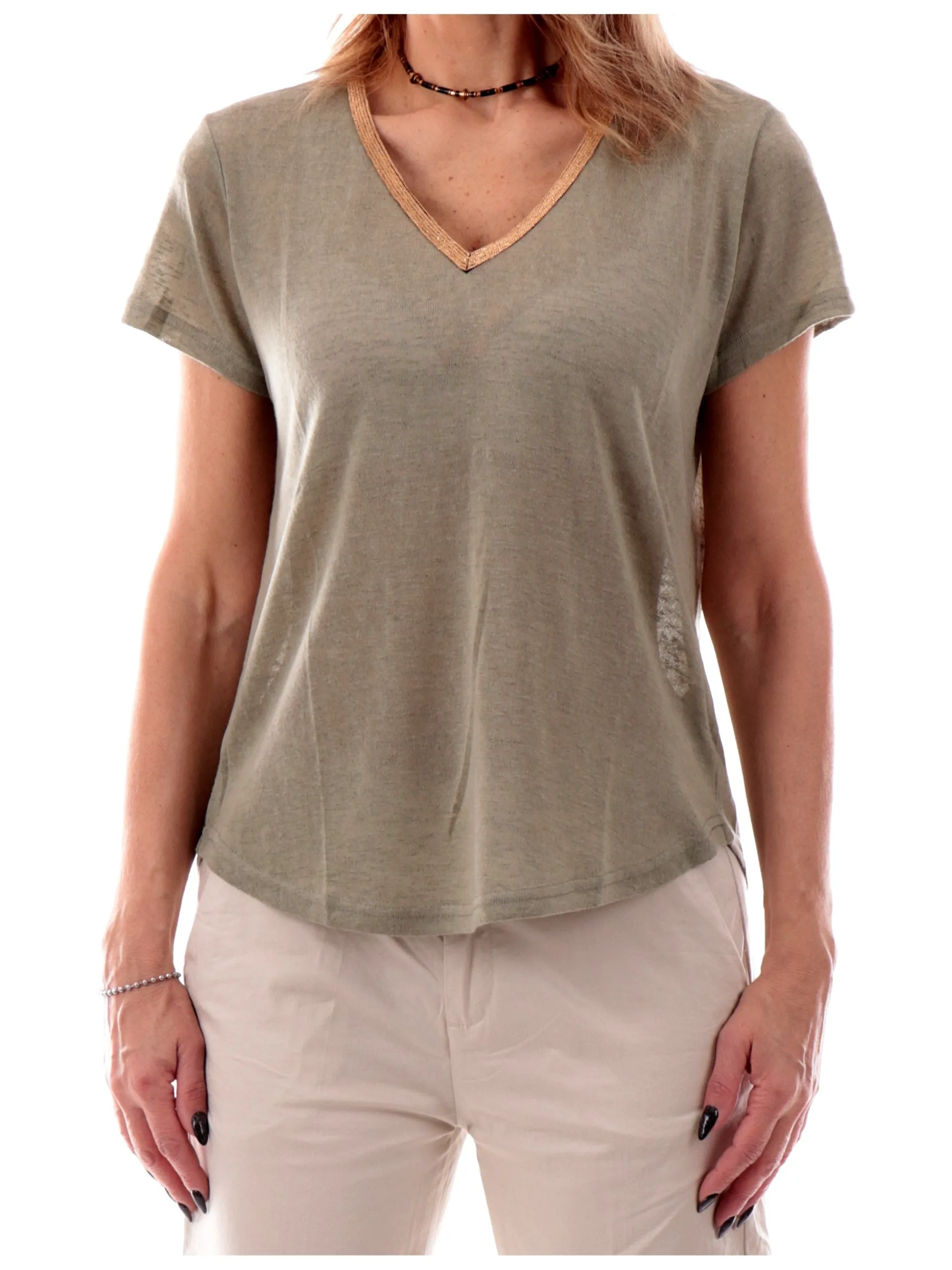 MOLLYBRACKEN T-Shirt*Maglia Molly Bracken Verde militare da donna con scollo a V e profilo oro T427DP