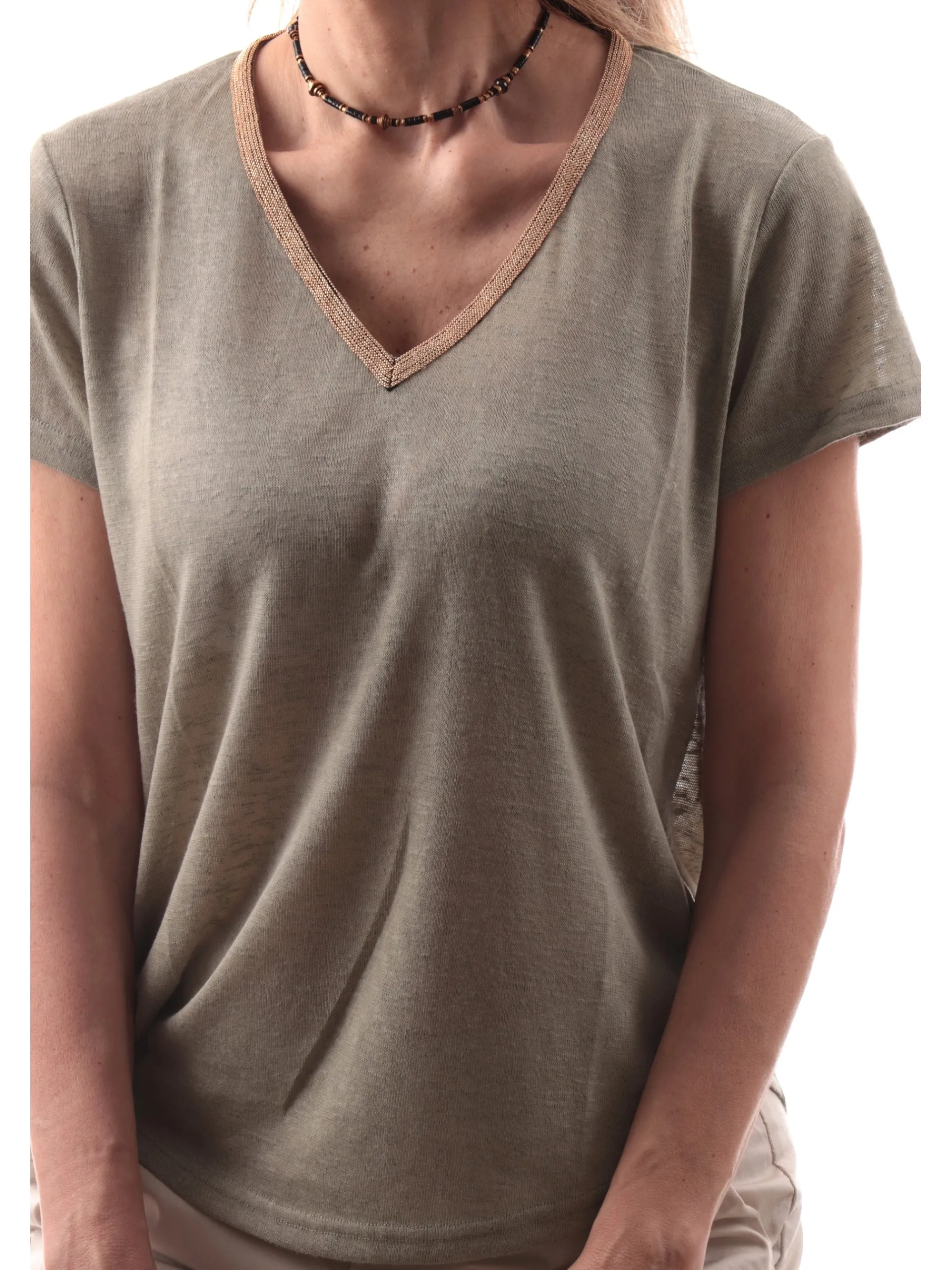 MOLLYBRACKEN T-Shirt*Maglia Molly Bracken Verde militare da donna con scollo a V e profilo oro T427DP