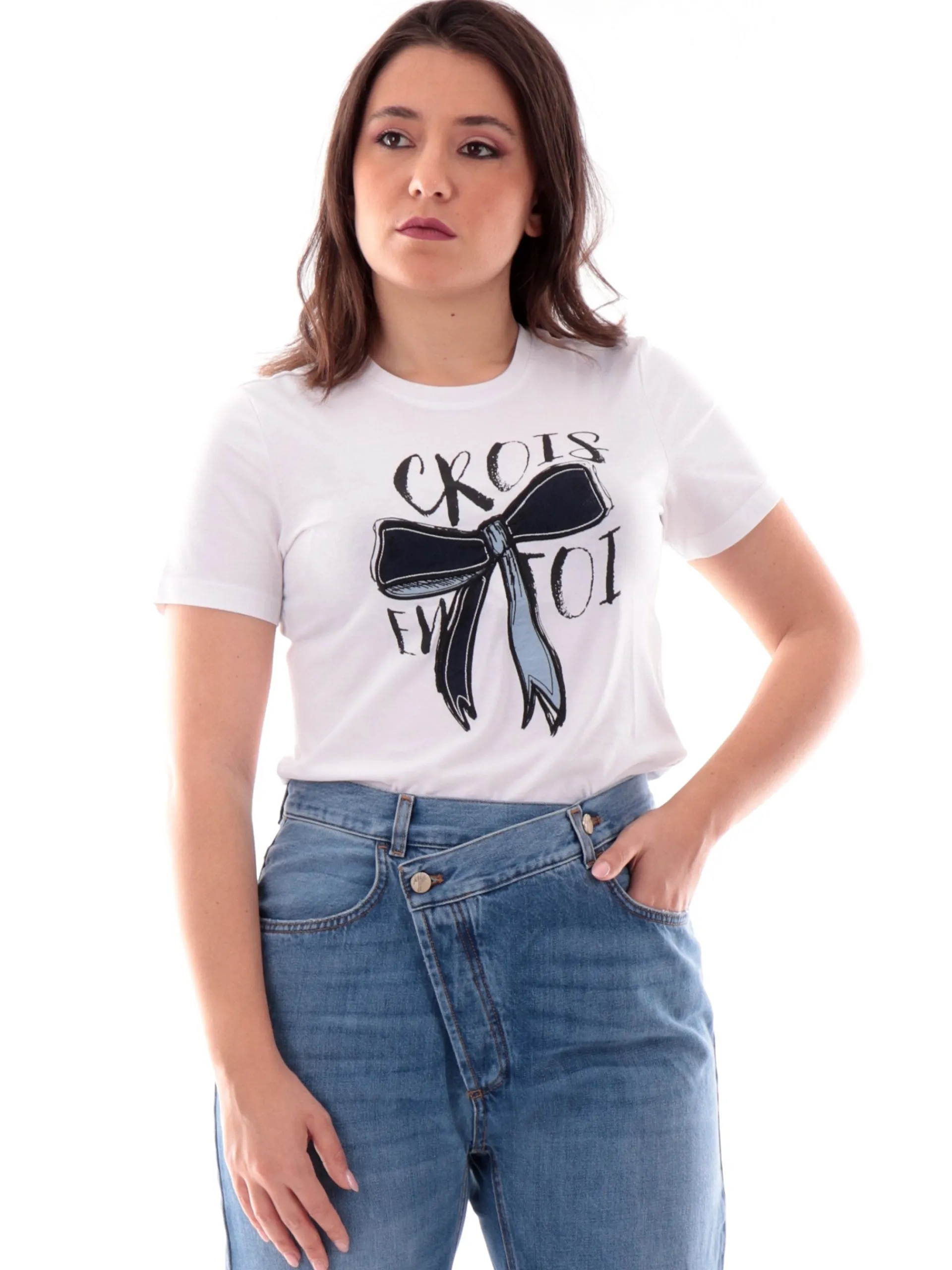 ONLY T-Shirt*Maglia bianca girocollo da donna con stampa e patch fiocco 15329752