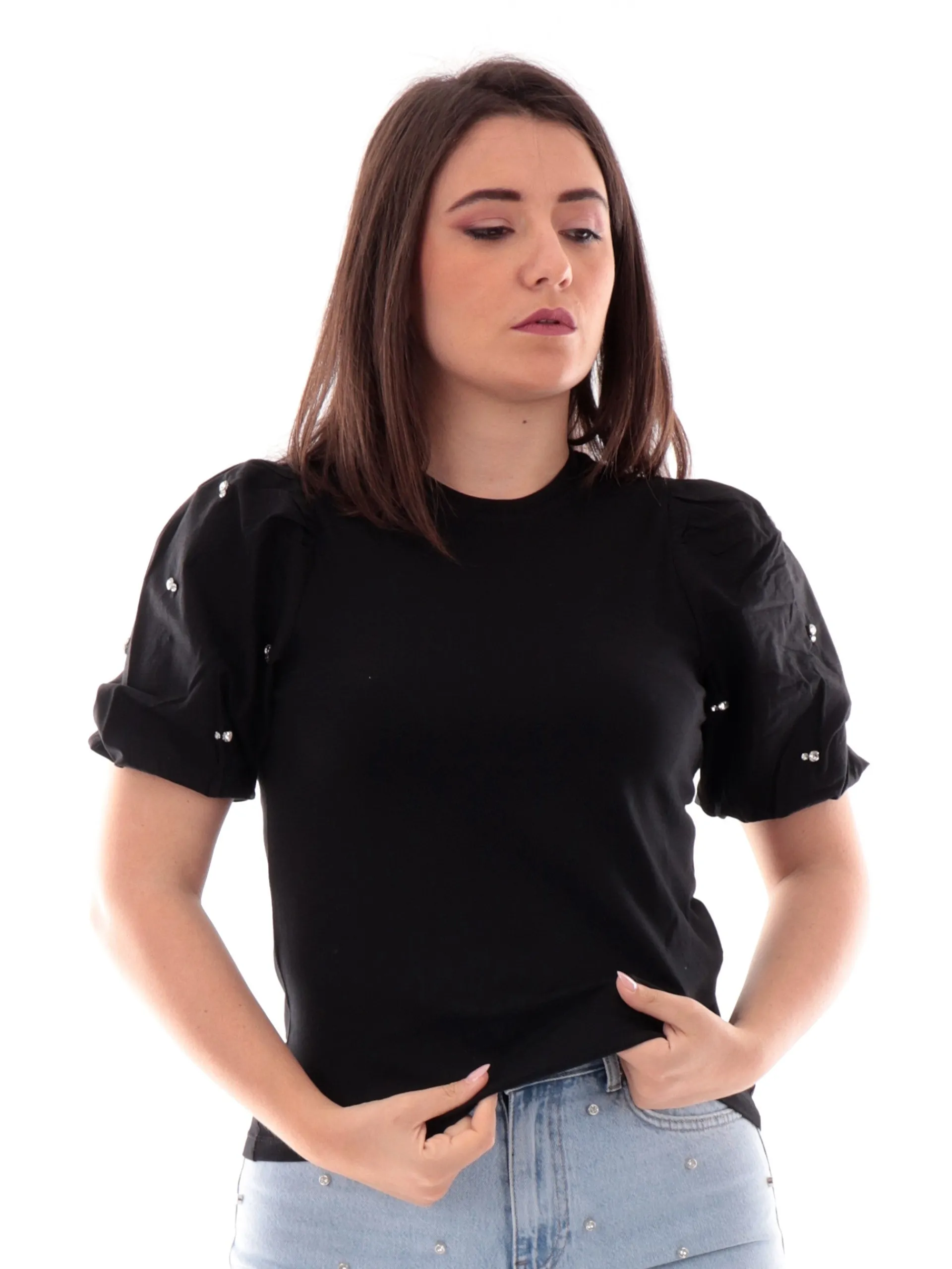 ONLY Maglie*Maglia nera da donna con maniche a sbuffo e strass 15346887