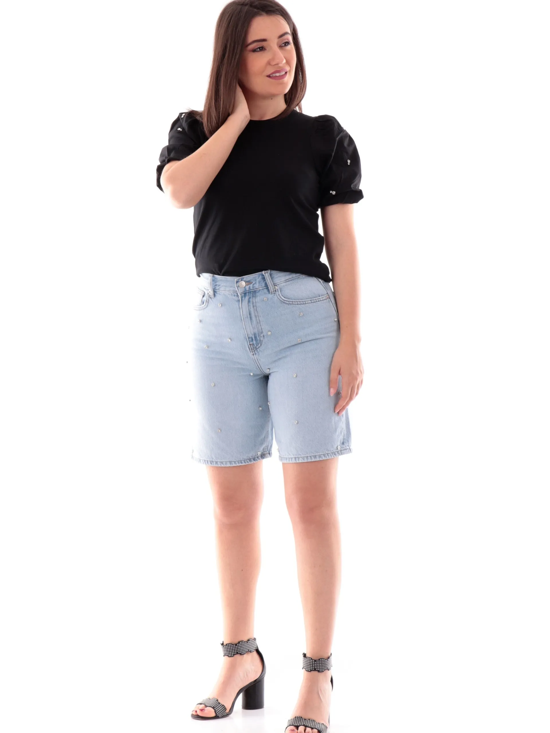 ONLY Maglie*Maglia nera da donna con maniche a sbuffo e strass 15346887