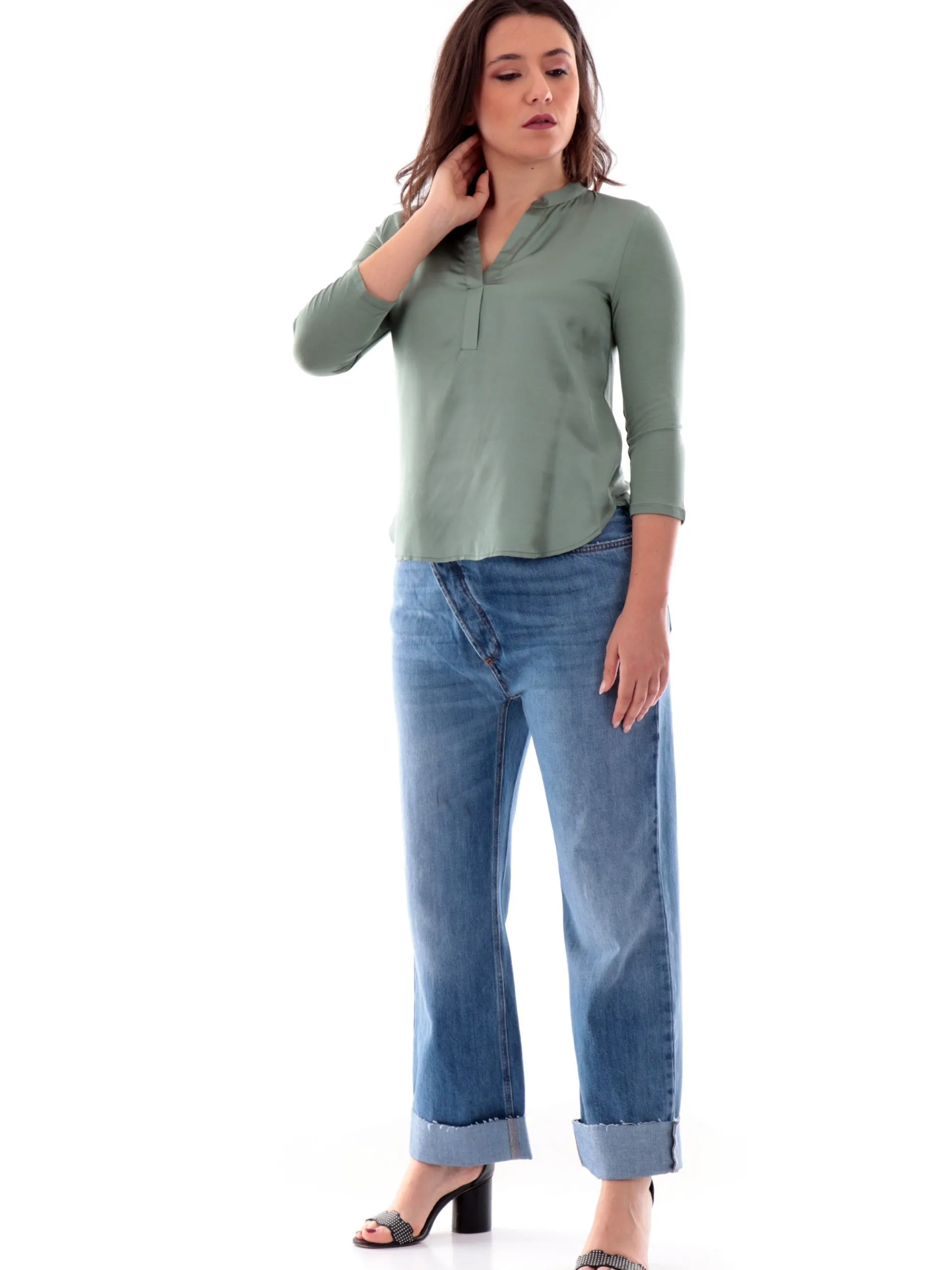 ANIS Maglie*Maglia raso verde da donna scollo a V 251C1041
