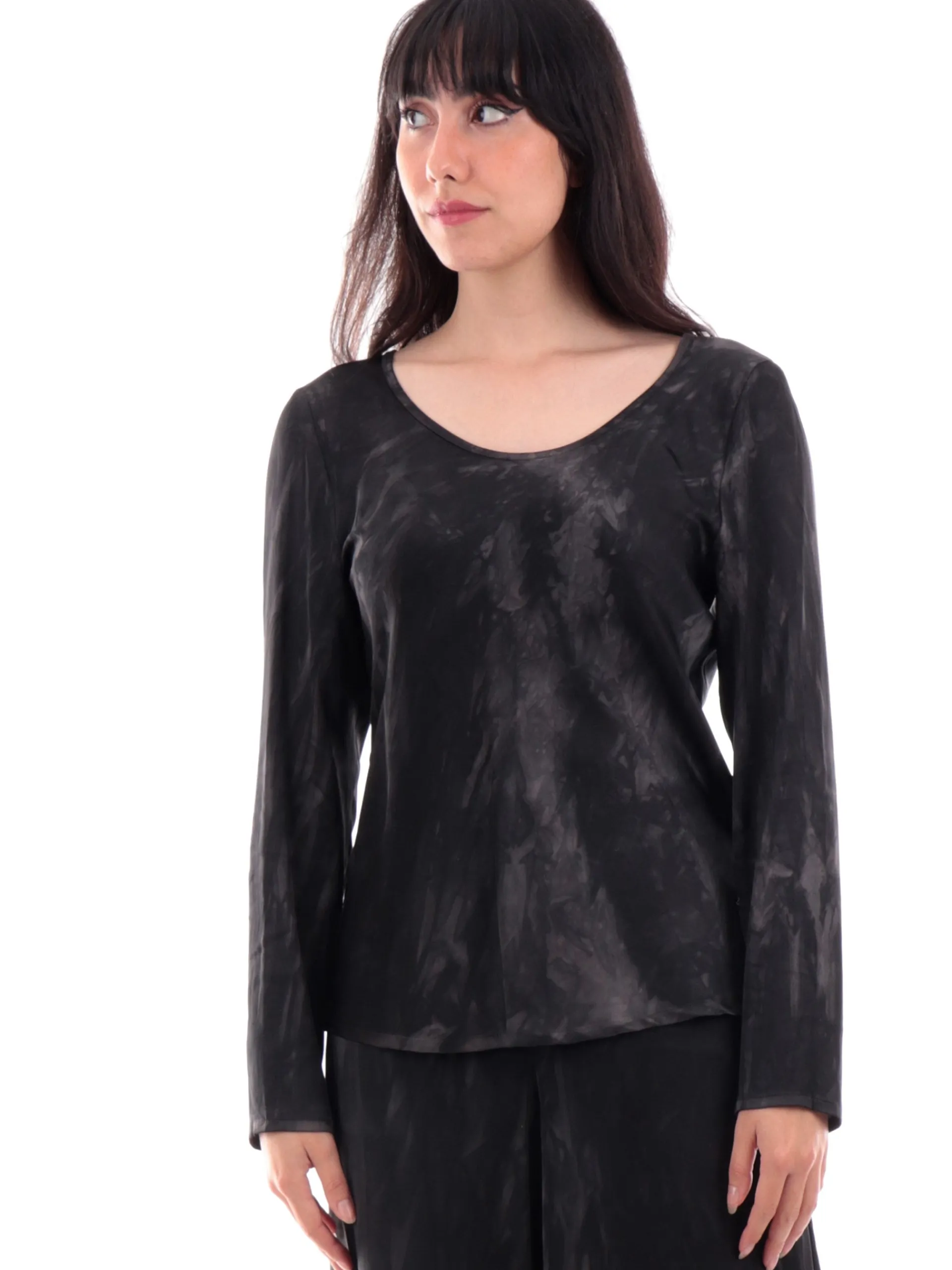 MANILA GRACE Maglie*Maglia raso donna nera girocollo blusa C150VDMA