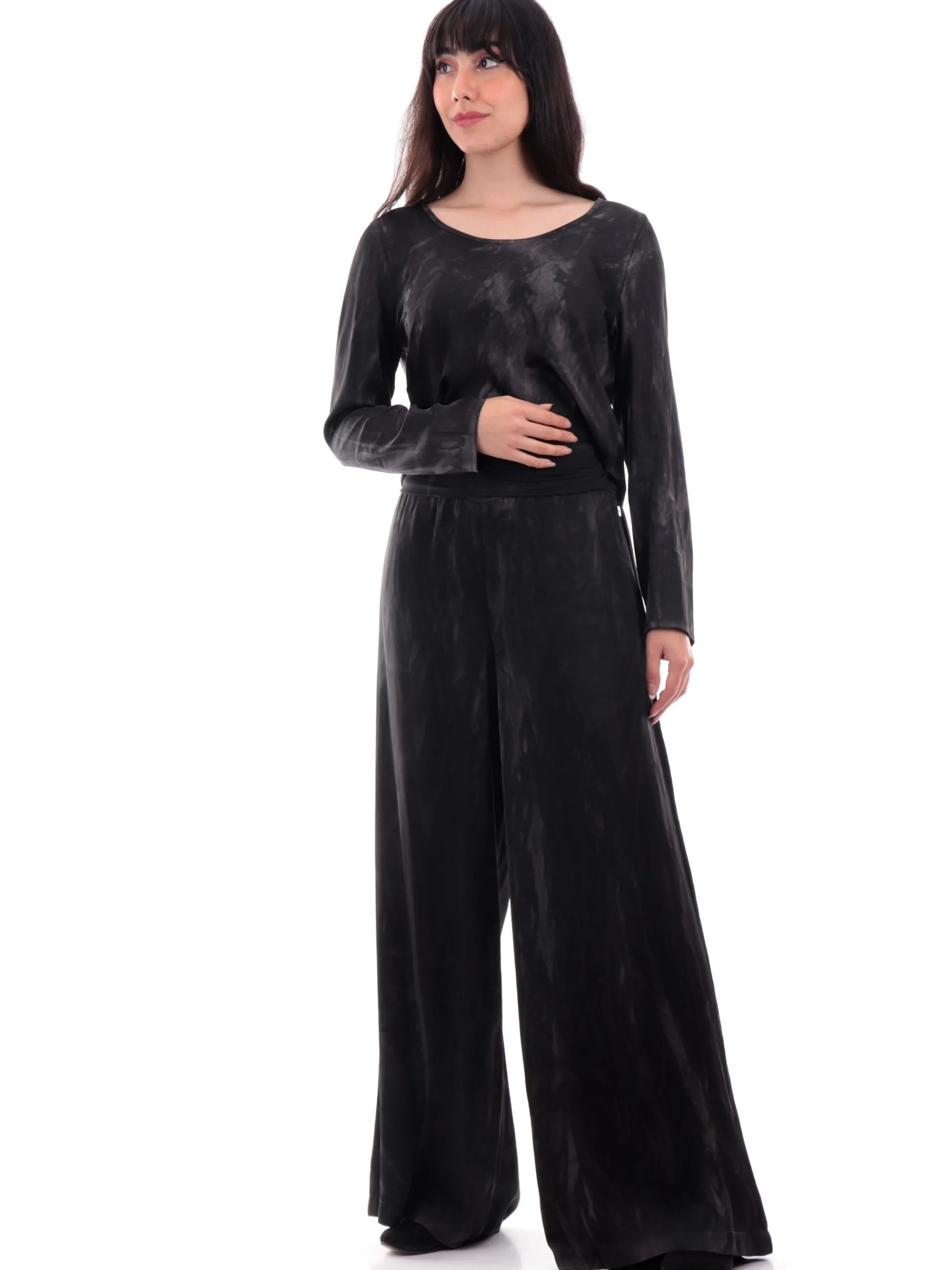 MANILA GRACE Maglie*Maglia raso donna nera girocollo blusa C150VDMA