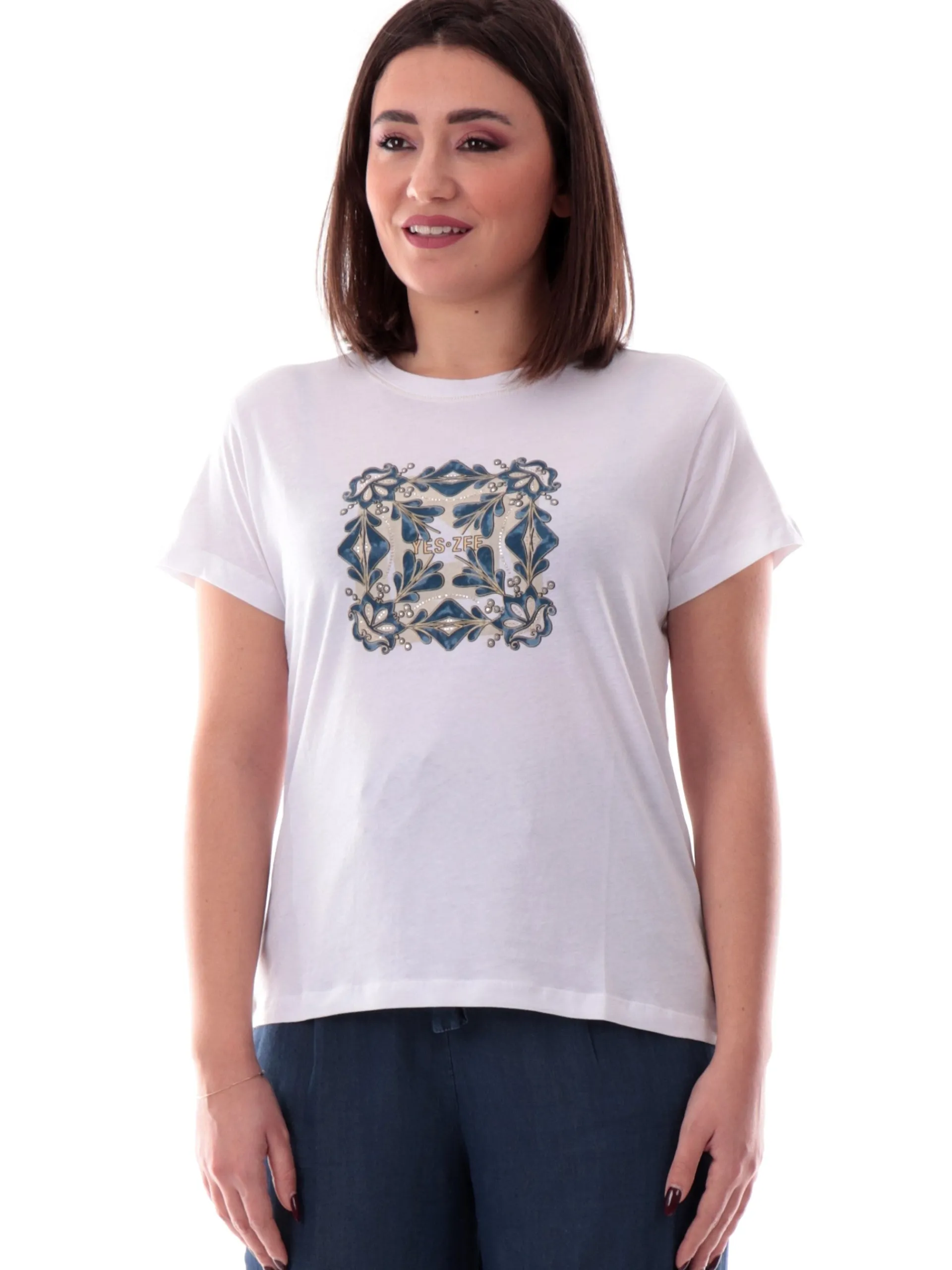 YES ZEE T-Shirt*Maglia bianca girocollo da donna stampa con strass T264SG00