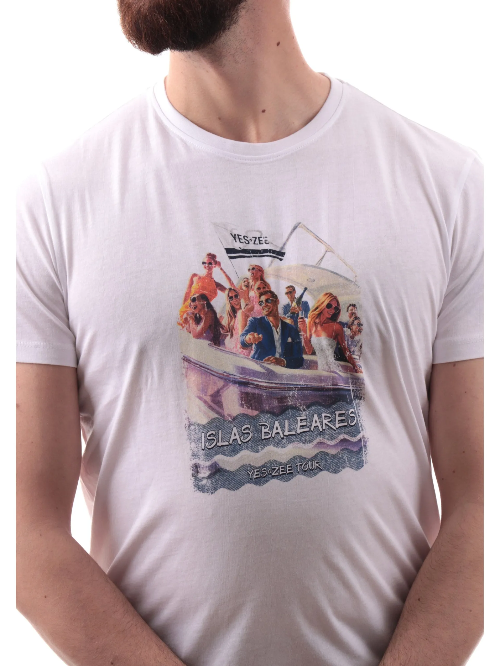 YES ZEE T-Shirt*Maglia bianca girocollo da uomo maxi stampa Isole Baleari T728SG03
