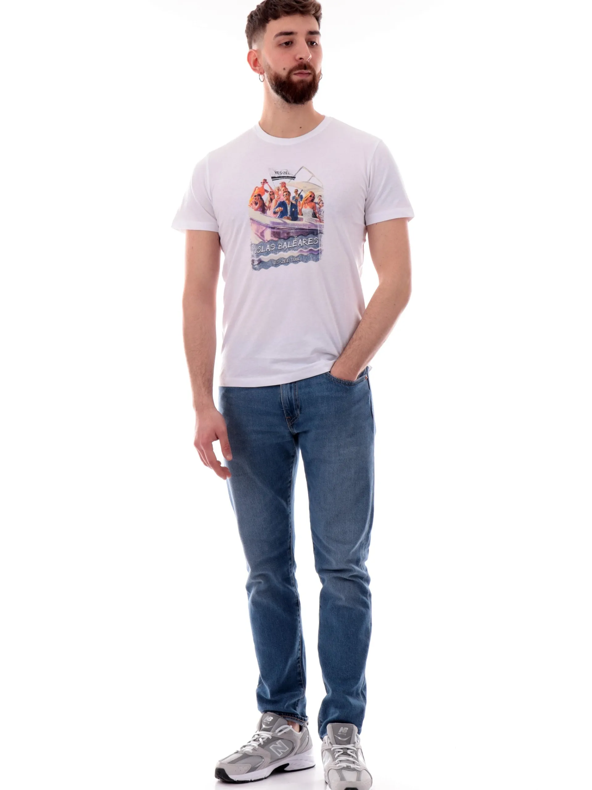 YES ZEE T-Shirt*Maglia bianca girocollo da uomo maxi stampa Isole Baleari T728SG03