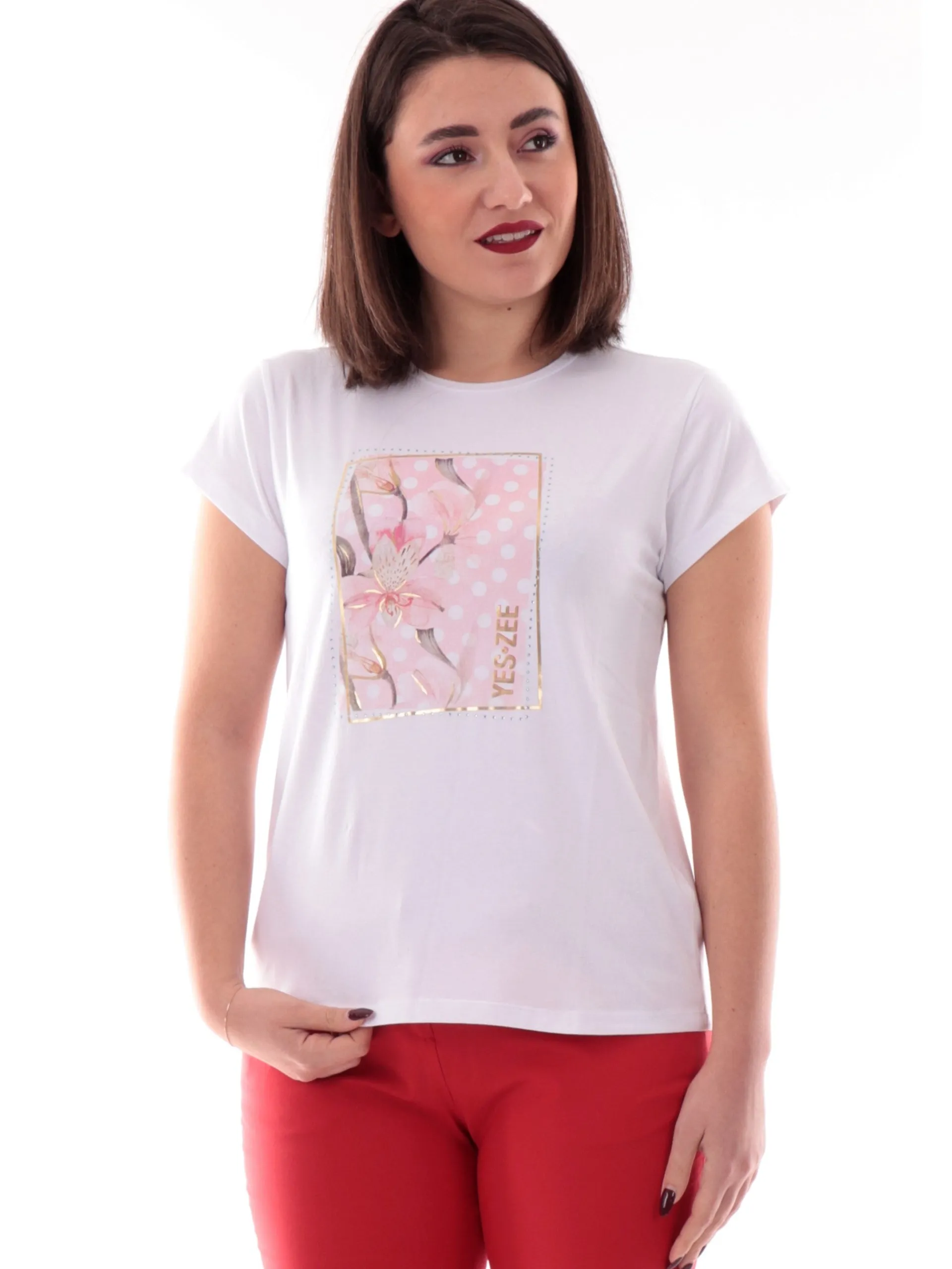 YES ZEE T-Shirt*Maglia bianca girocollo da donna stampa fiore con strass T273S700