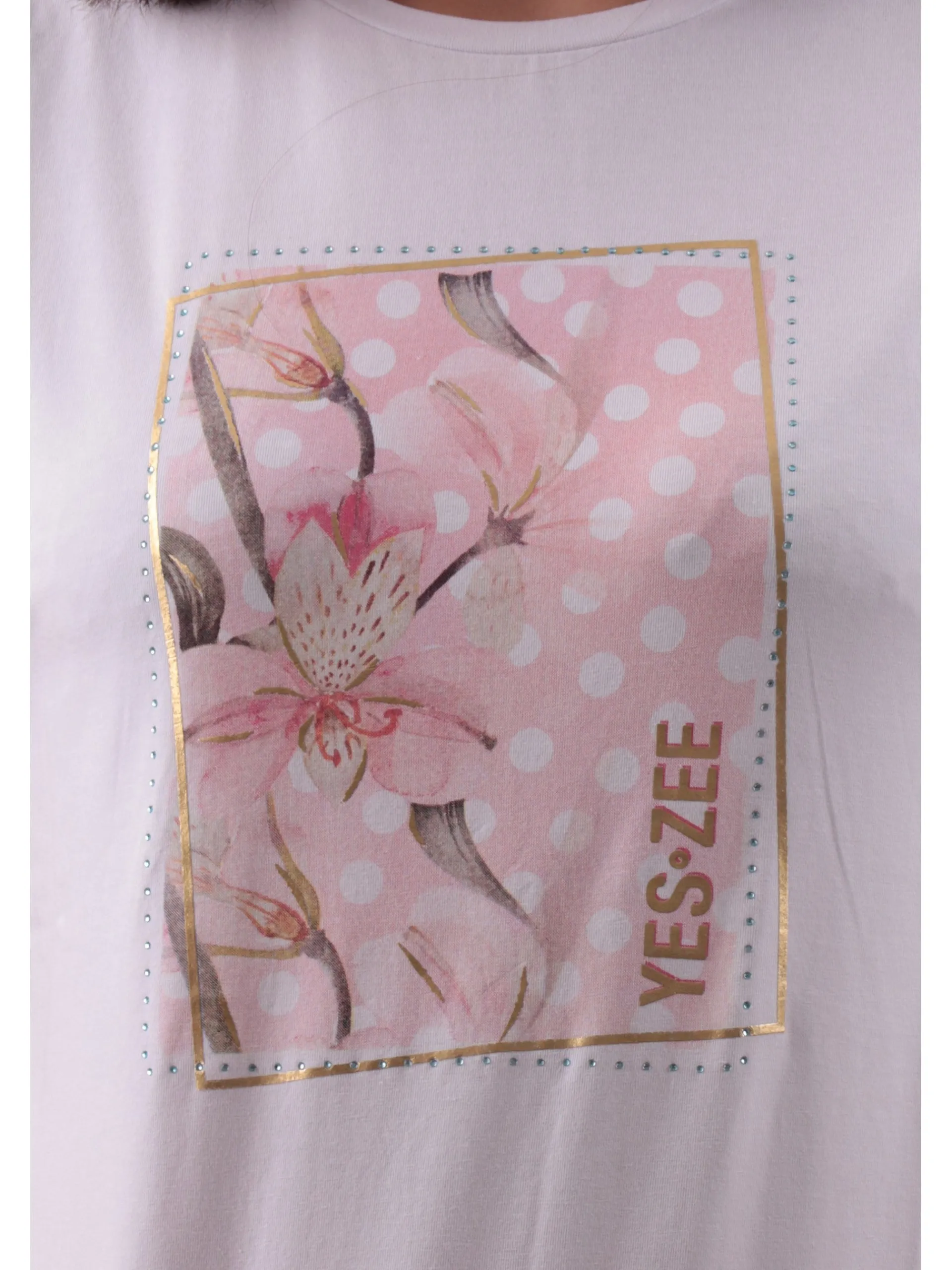 YES ZEE T-Shirt*Maglia bianca girocollo da donna stampa fiore con strass T273S700