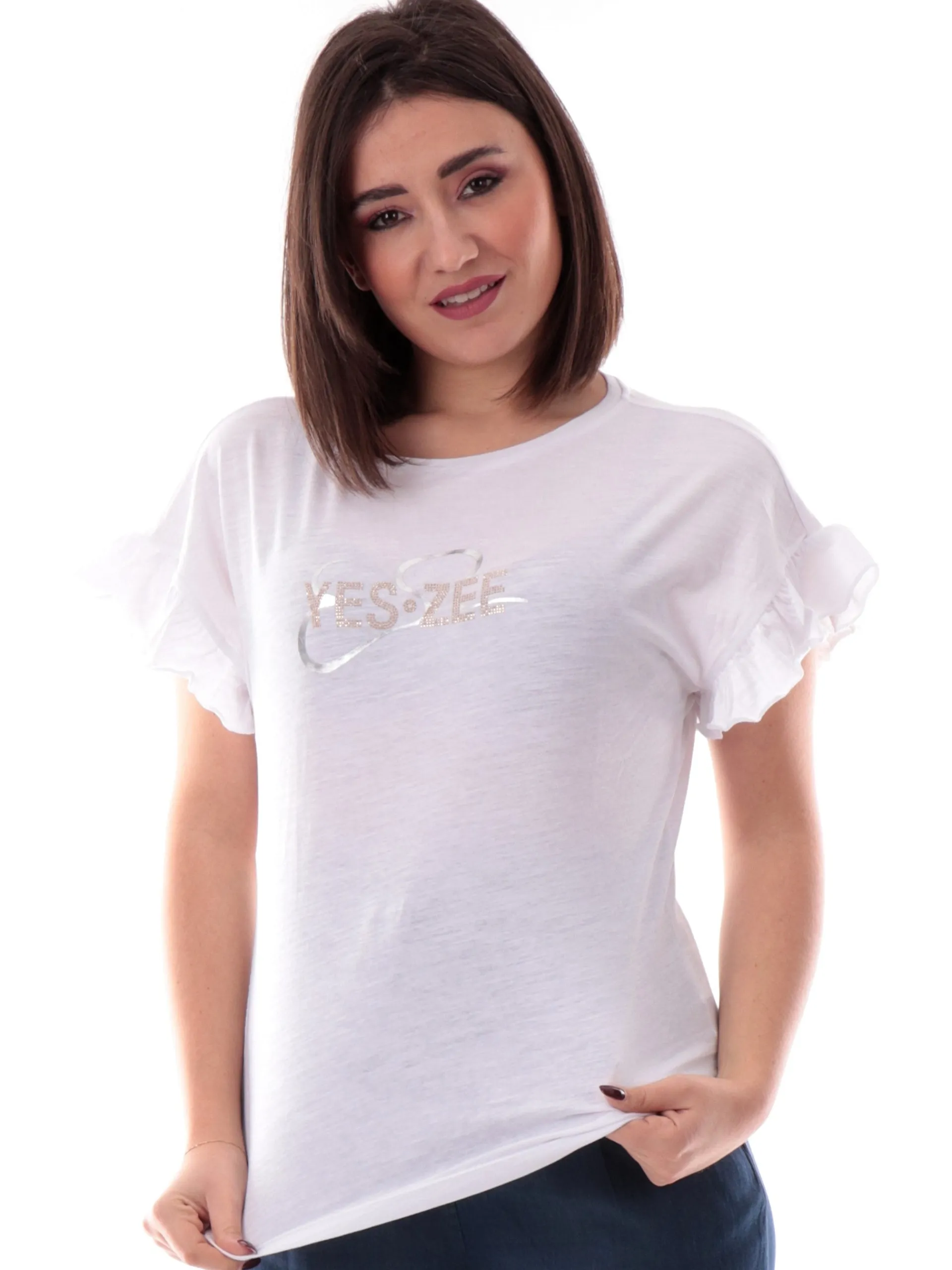 YES ZEE T-Shirt*Maglia bianca maniche pipistrello da donna logo con strass T203TL00