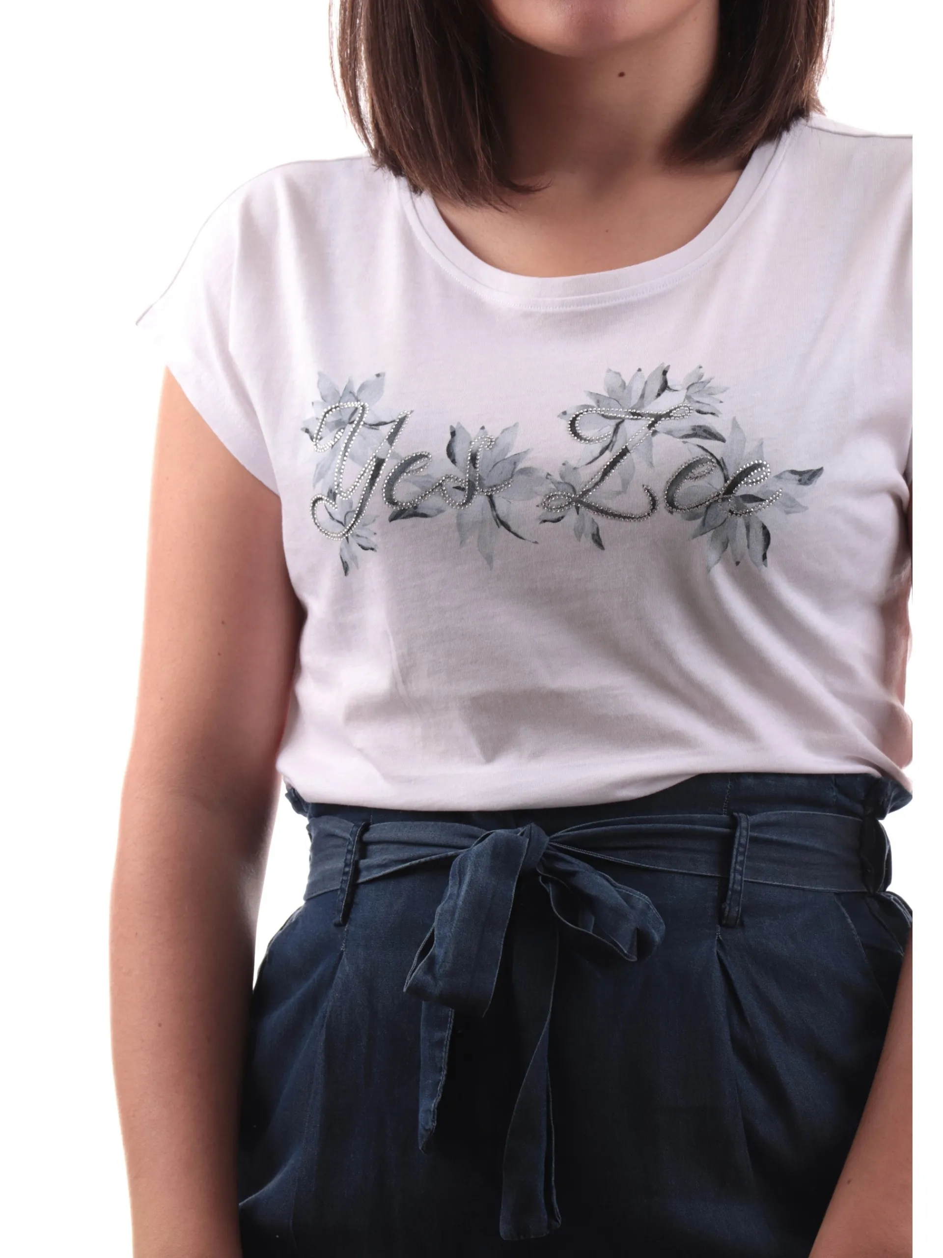 YES ZEE T-Shirt*Maglia bianca vestibilità morbida da donna logo strass T212S100