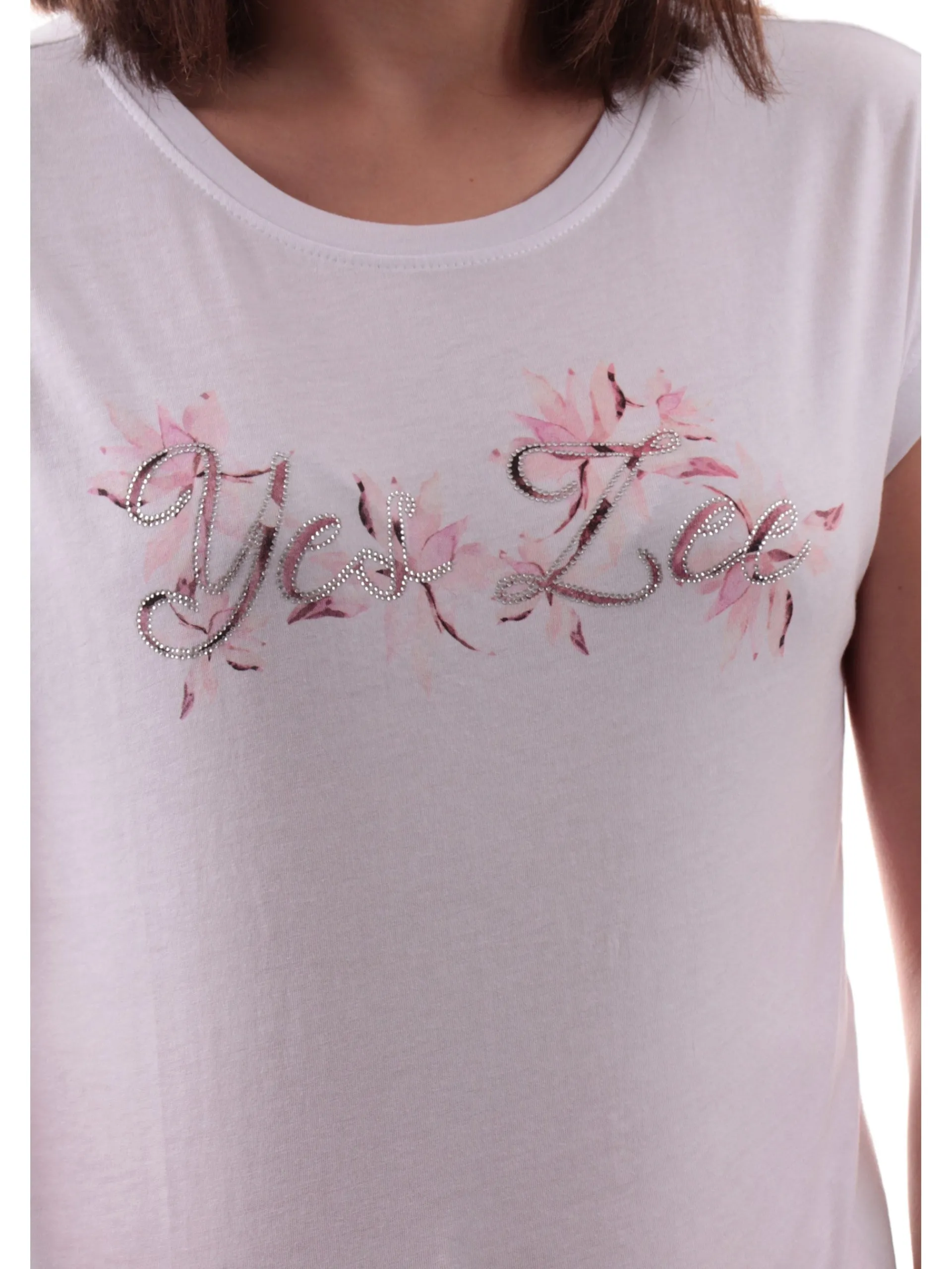 YES ZEE T-Shirt*Maglia bianca vestibilità morbida da donna logo fiori strass T212S100