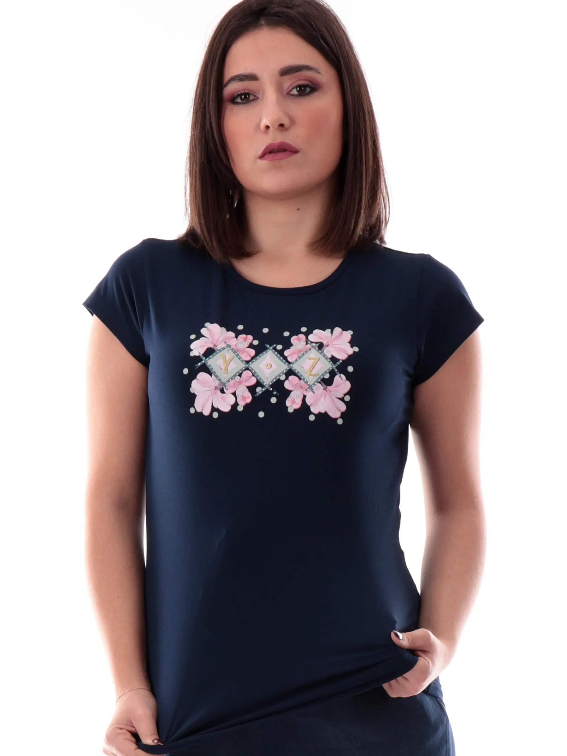 YES ZEE T-Shirt*Maglia blu girocollo da donna logo strass T257S701