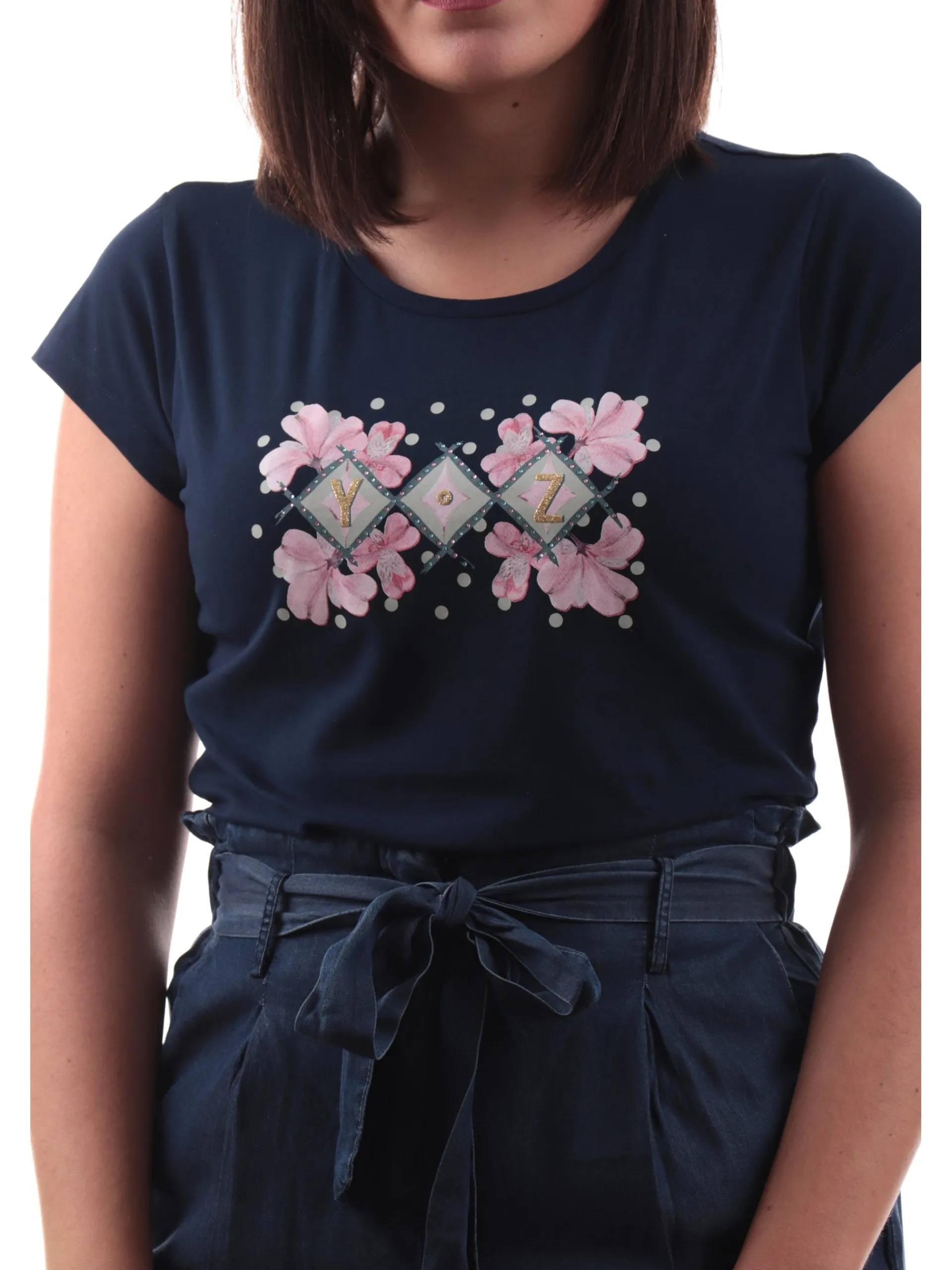 YES ZEE T-Shirt*Maglia blu girocollo da donna logo strass T257S701