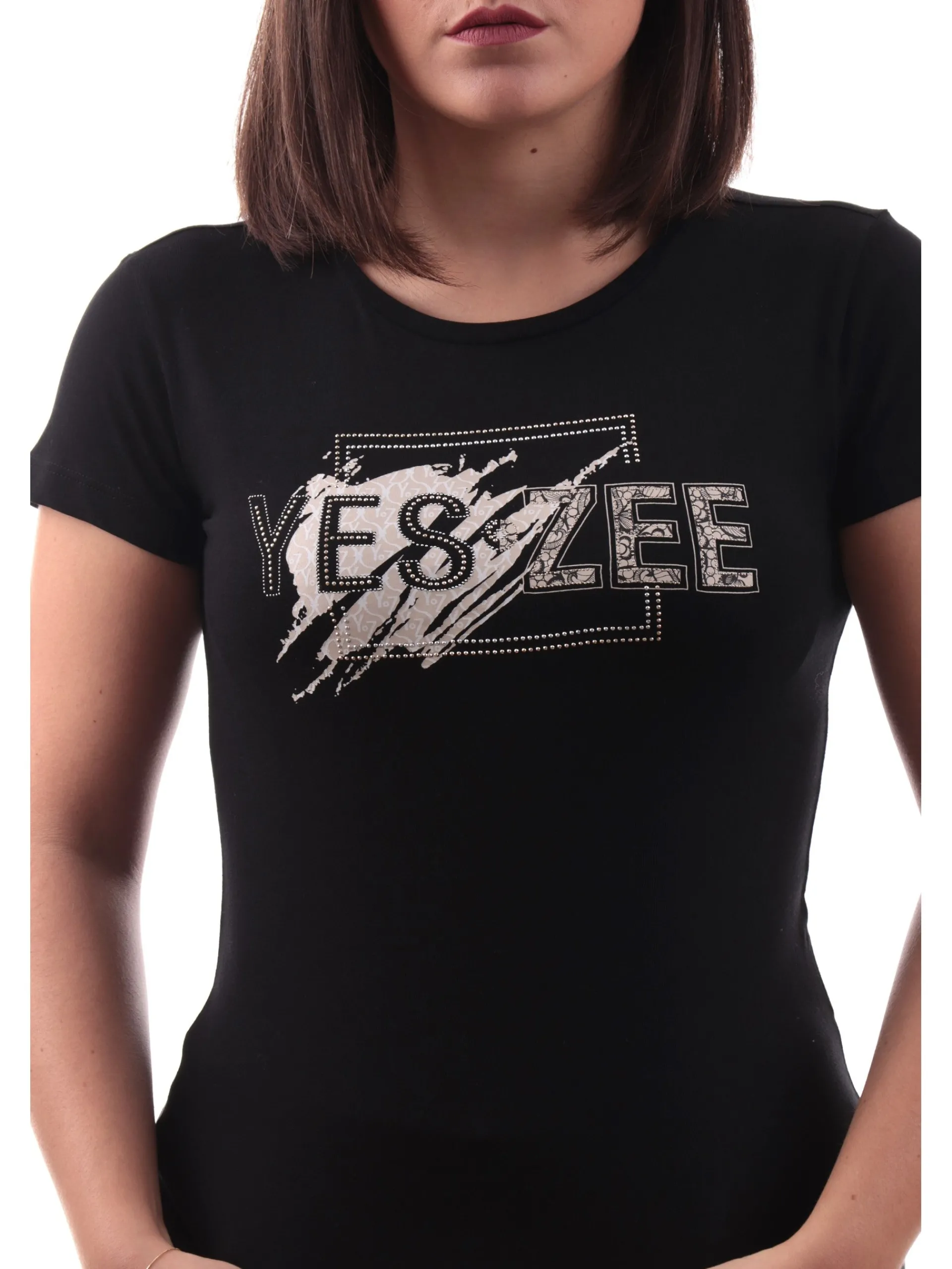 YES ZEE T-Shirt*Maglia nera girocollo da donna logo con strass T226S100