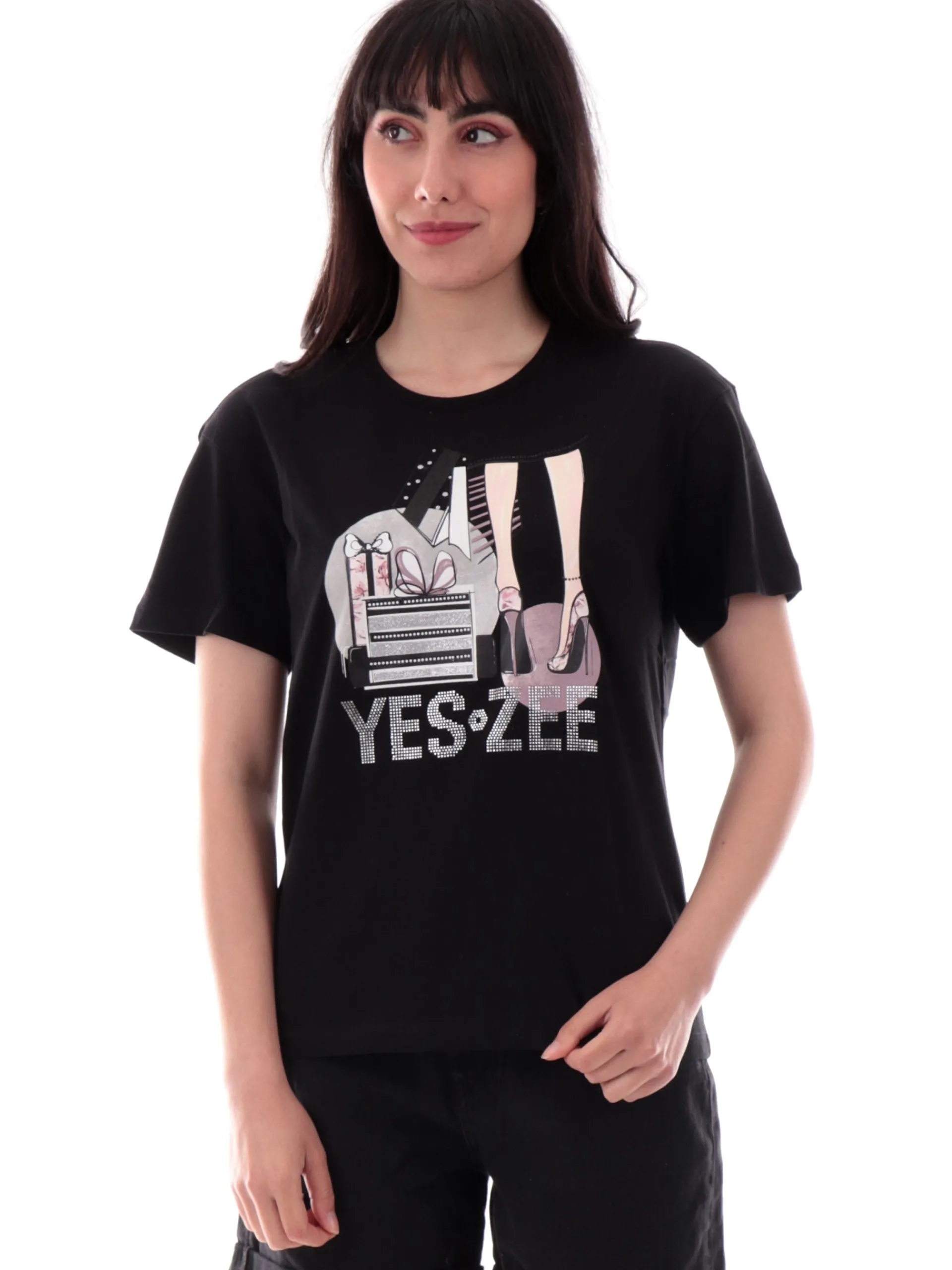 YES ZEE T-Shirt*Maglia nera girocollo da donna con strass T269S100