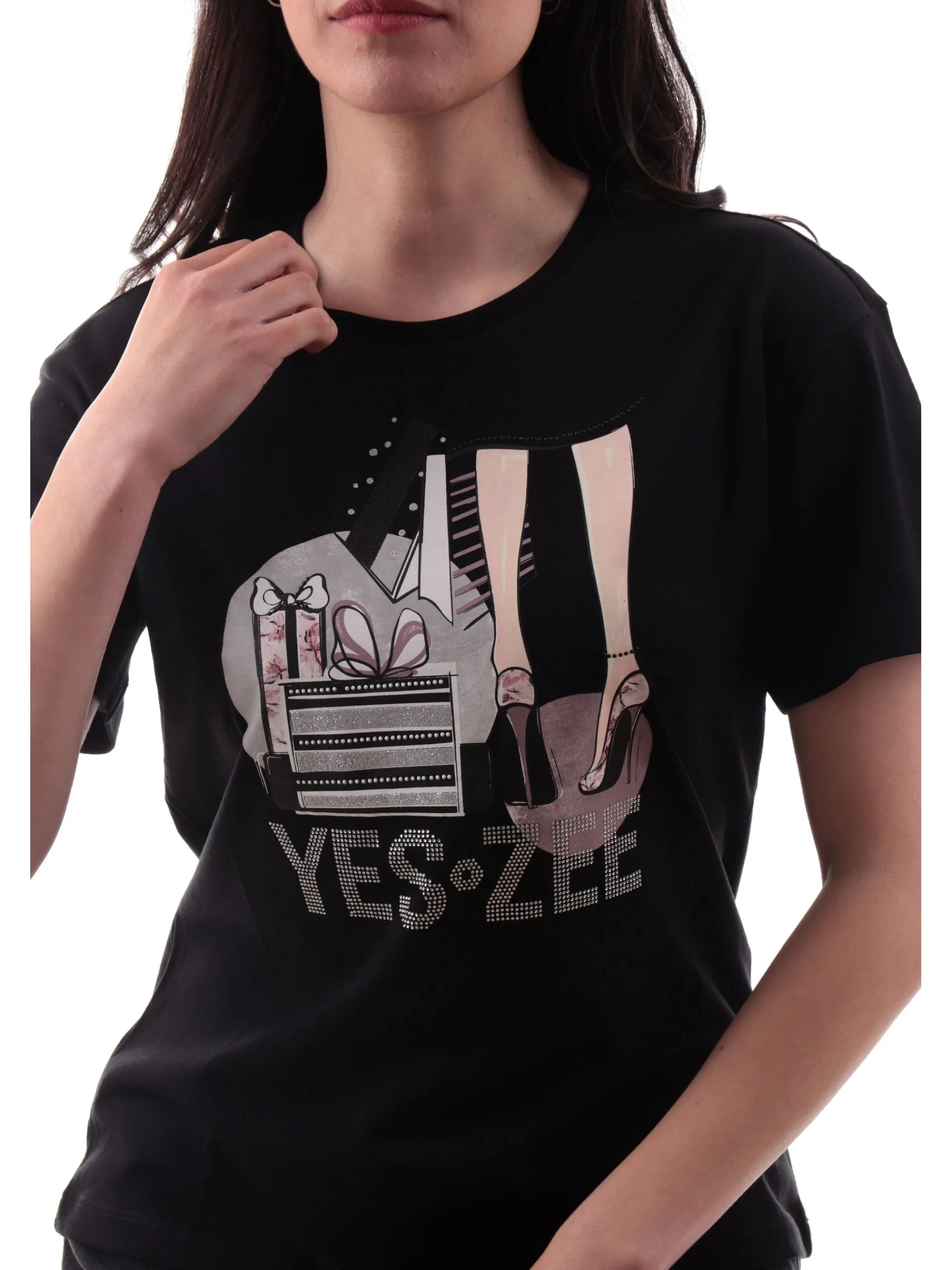 YES ZEE T-Shirt*Maglia nera girocollo da donna con strass T269S100