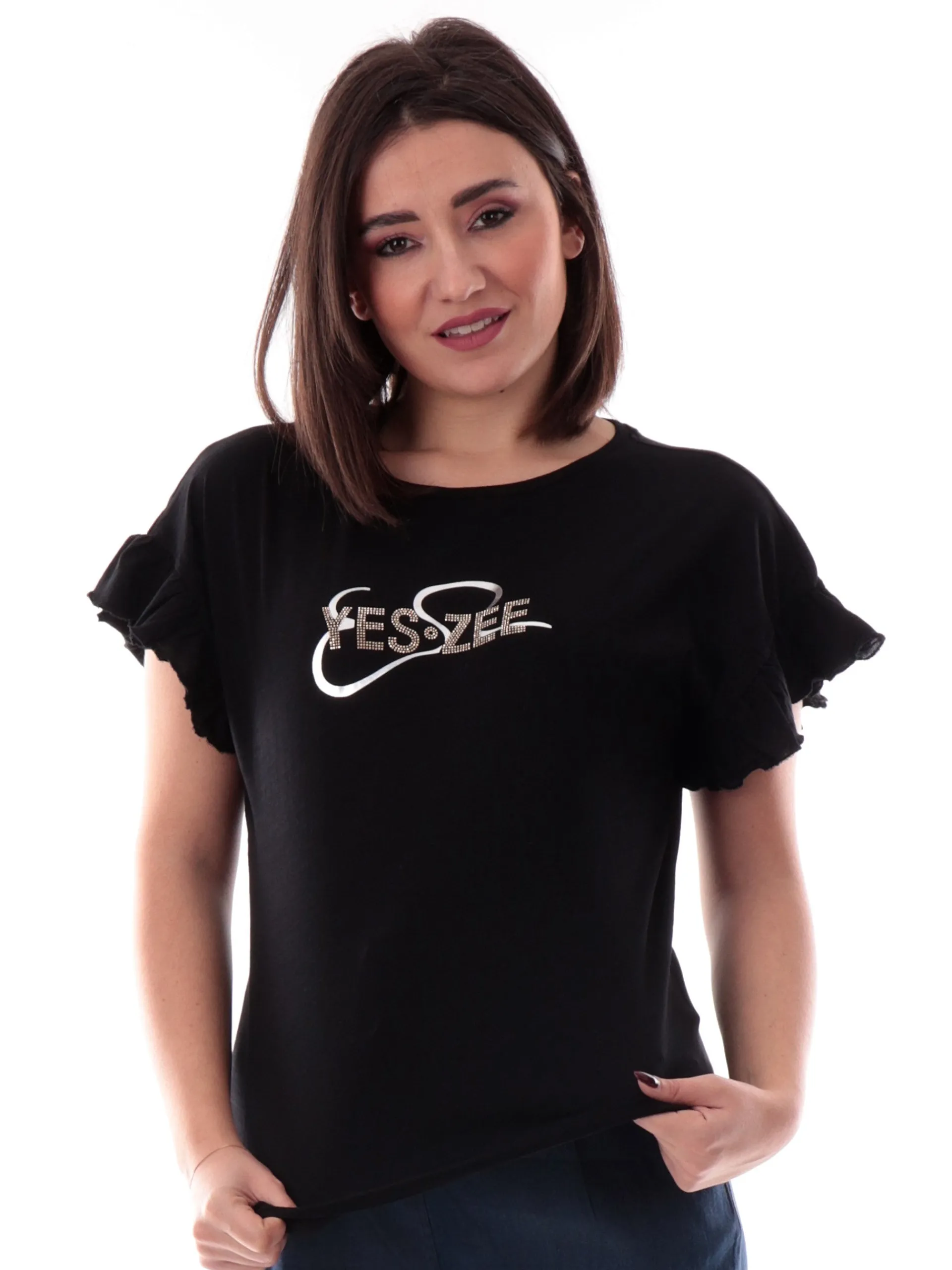 YES ZEE T-Shirt*Maglia nera maniche pipistrello da donna logo con strass T203TL00