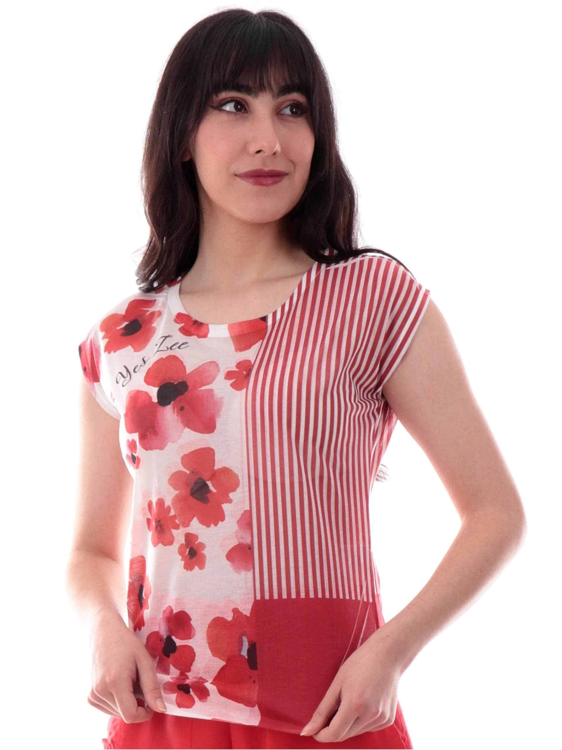 YES ZEE T-Shirt*Maglia rossa da donna stampa fiori neri e rossi papaveri T235Y104