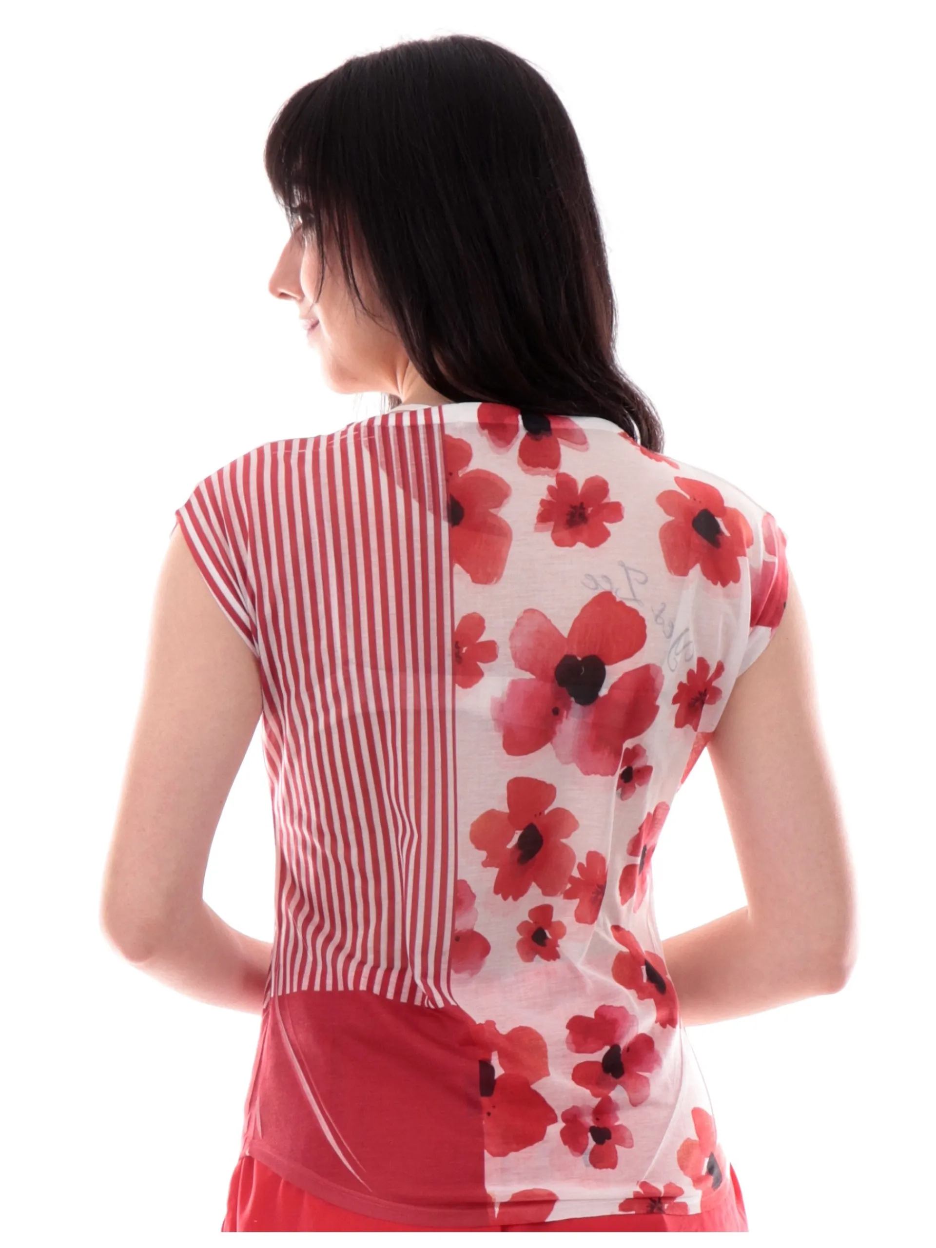 YES ZEE T-Shirt*Maglia rossa da donna stampa fiori neri e rossi papaveri T235Y104