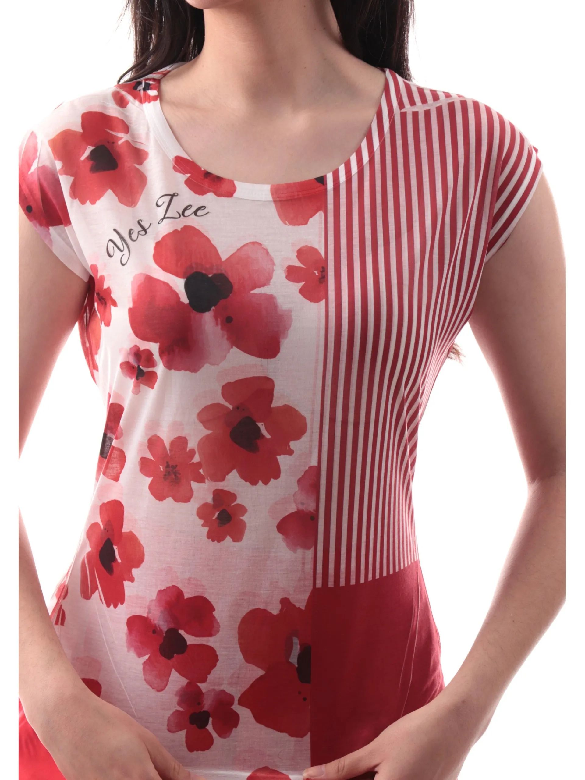 YES ZEE T-Shirt*Maglia rossa da donna stampa fiori neri e rossi papaveri T235Y104