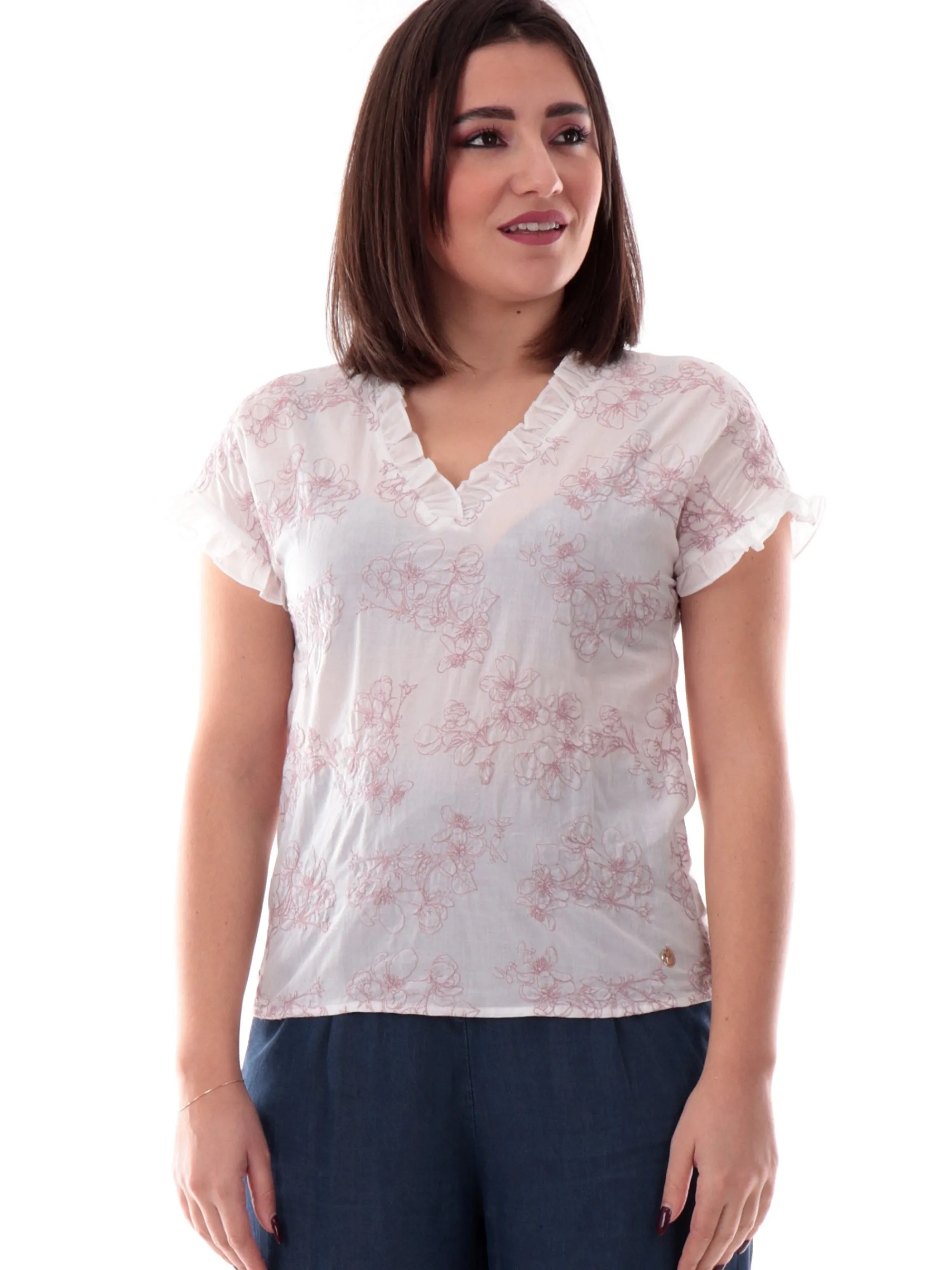 YES ZEE Maglie*Maglia scollo a V bianca da donna ricami floreali C207EK00