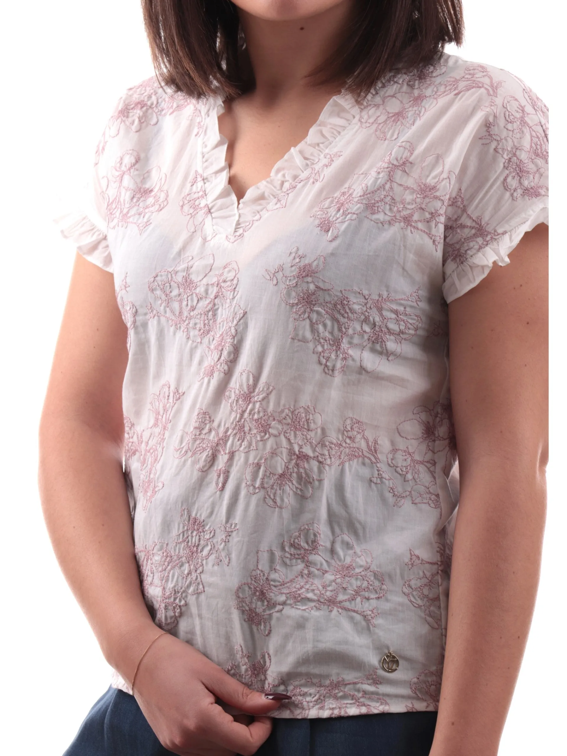 YES ZEE Maglie*Maglia scollo a V bianca da donna ricami floreali C207EK00