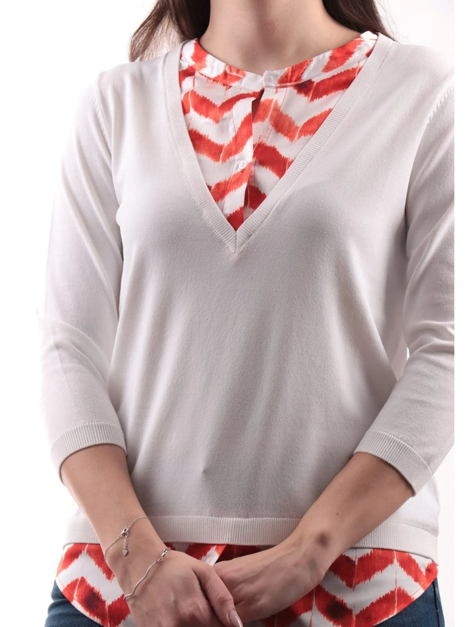 ANIS Maglie*Maglione bianco da donna M3/4 Inserto Serafino Stampato 2311350