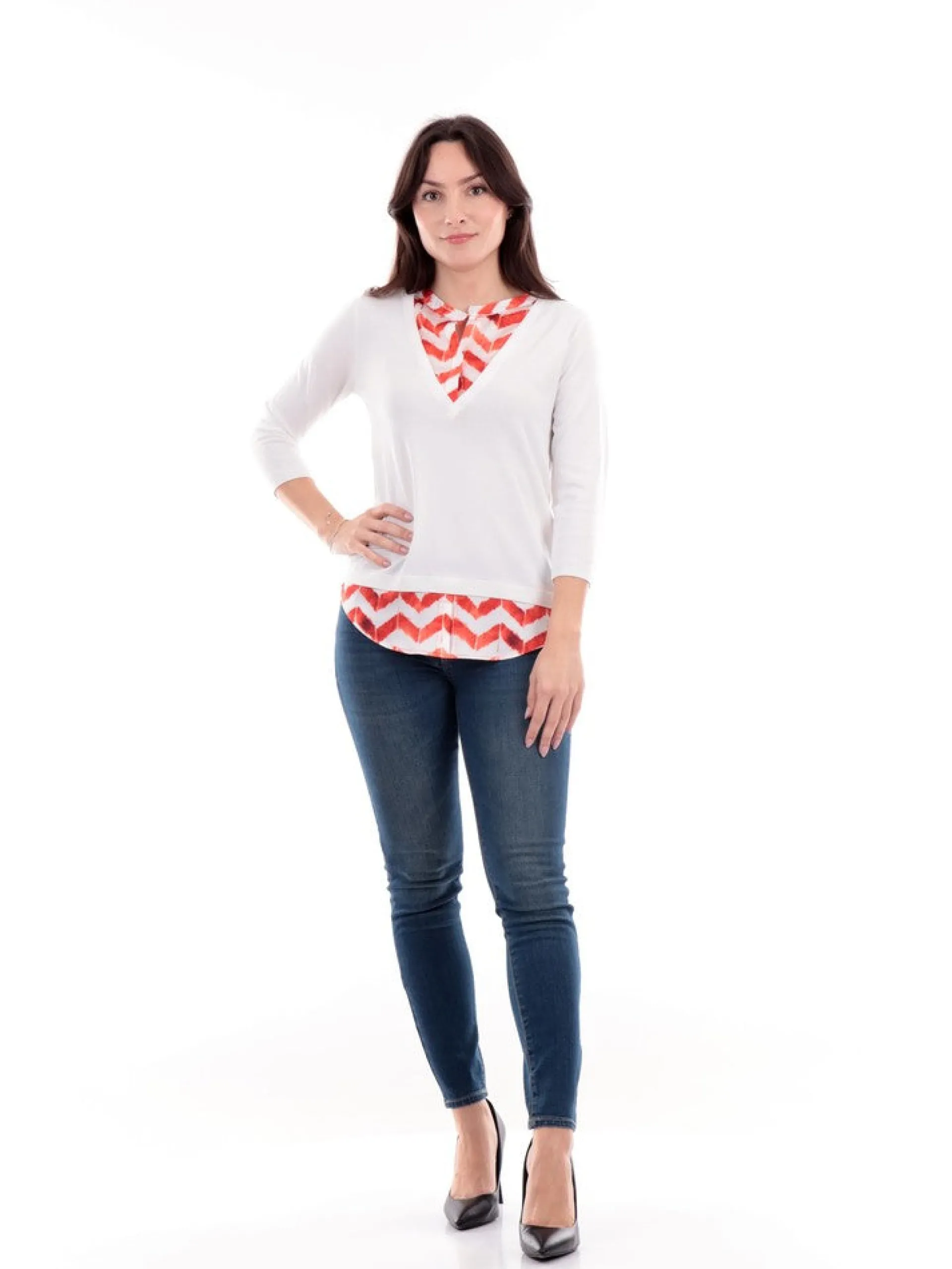 ANIS Maglie*Maglione bianco da donna M3/4 Inserto Serafino Stampato 2311350
