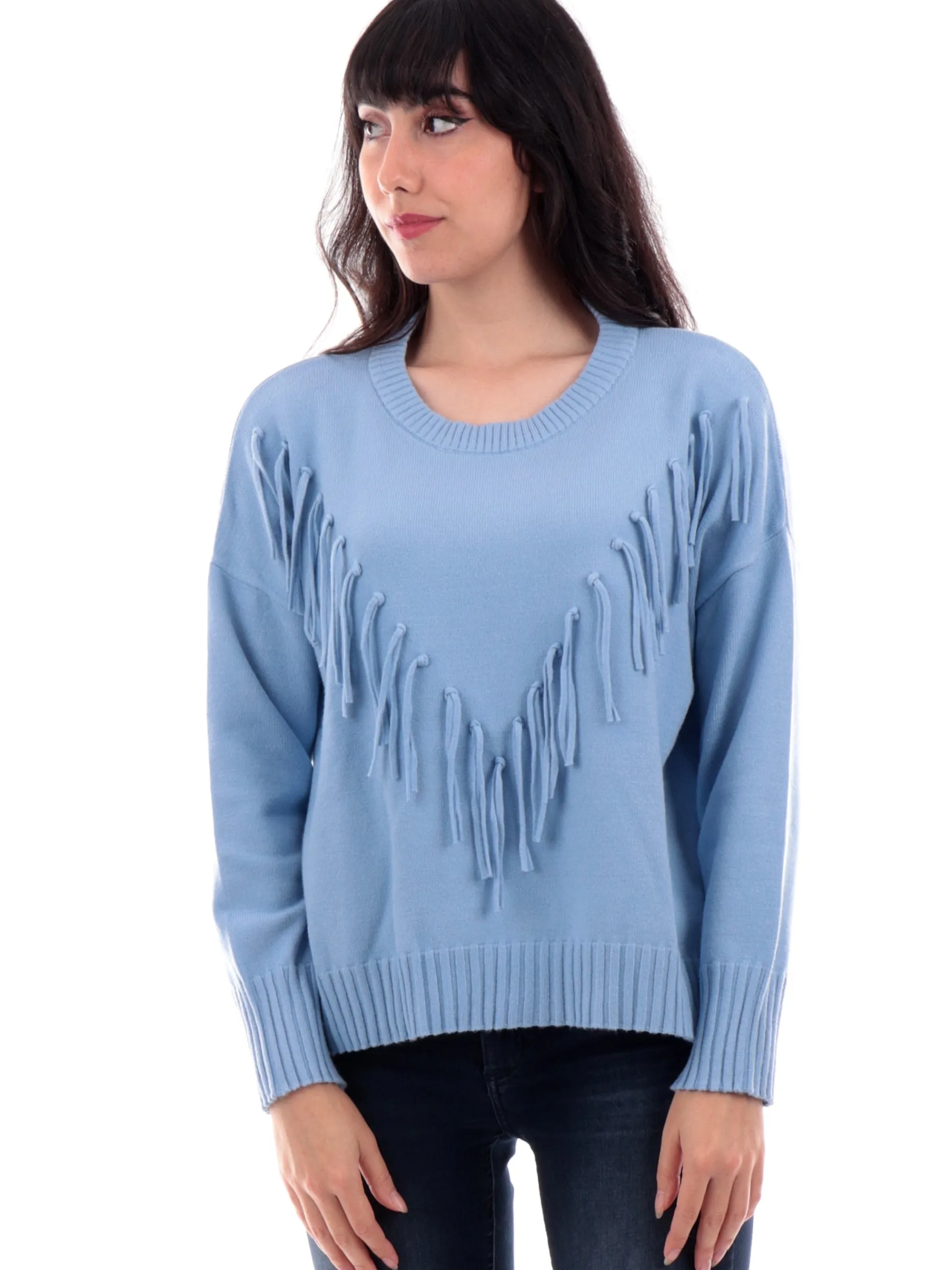 ANIS Maglie*Maglione con frange celeste da donna girocollo 245W6251